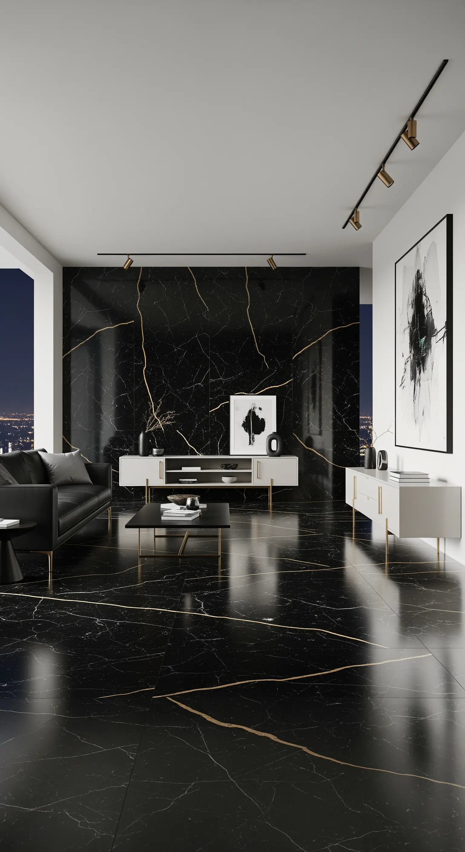 Schwarzer Marmorboden mit goldenen Adern als Basis für minimalistischen Luxus.
