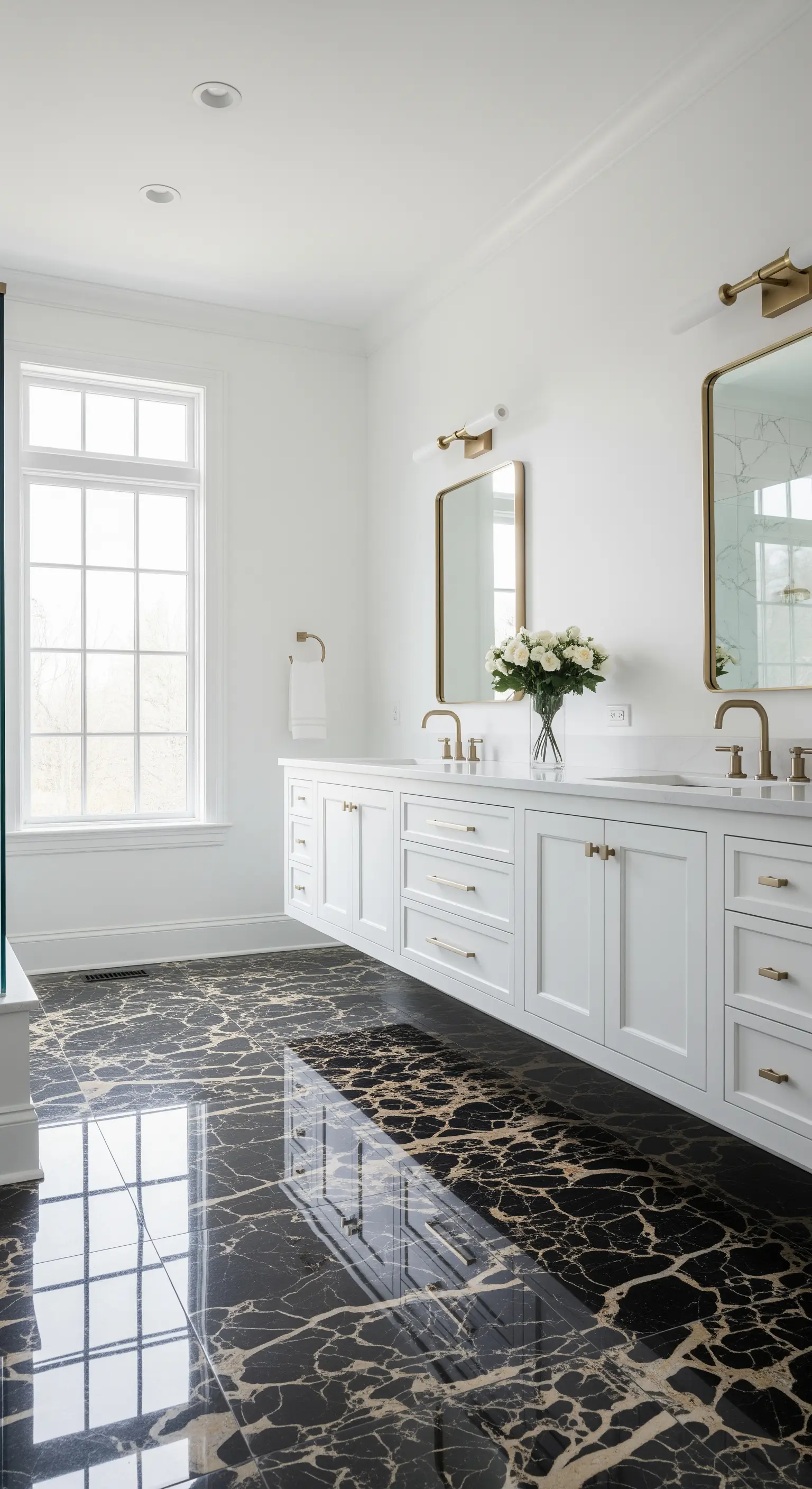 Helles, weißes Badezimmer mit einem dramatischen, hochglänzenden schwarz-goldenen Marmorboden.