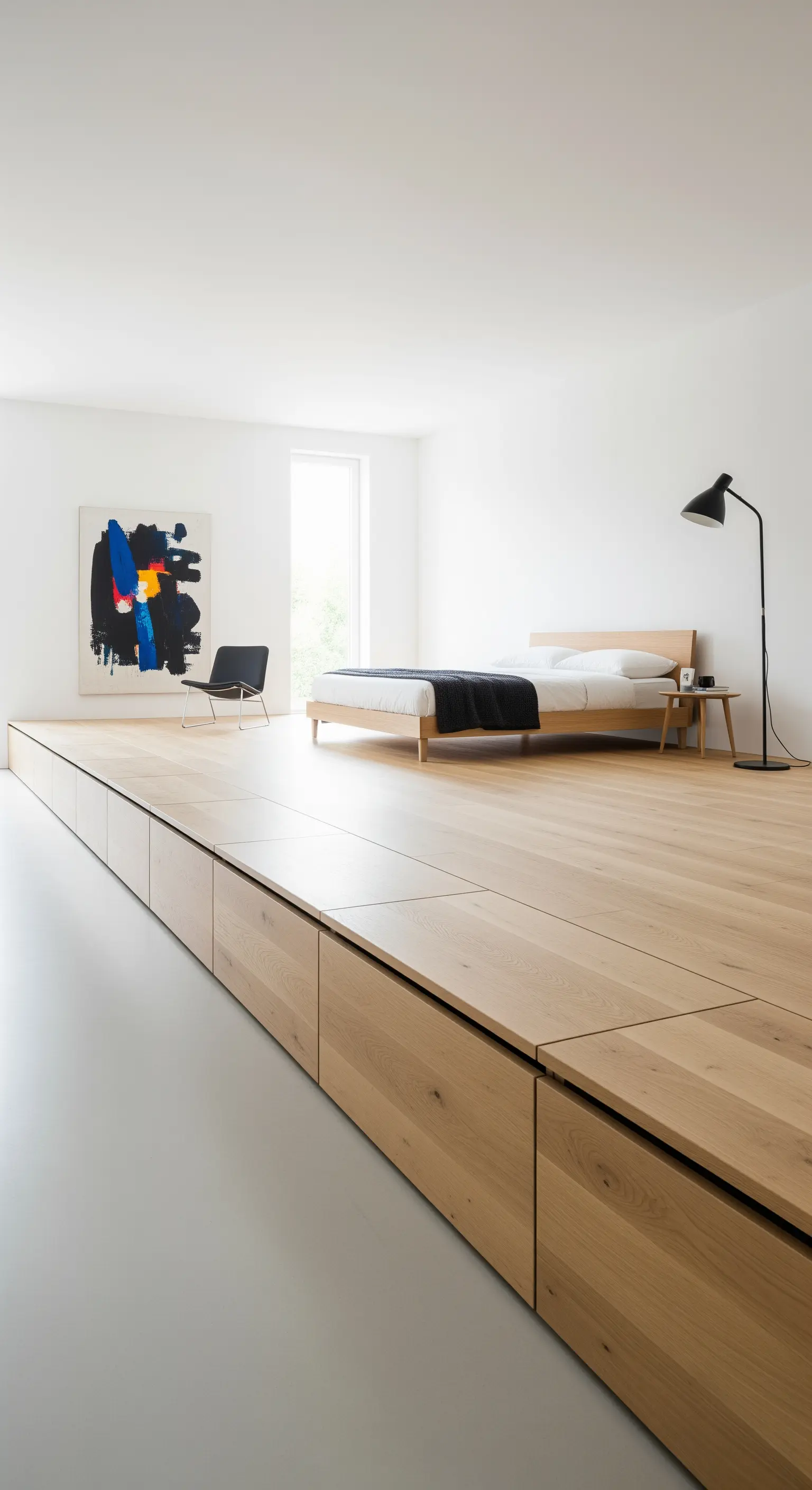 Minimalistisches Schlafzimmer mit einem Podestboden aus hellem Holz und bündigen Schubladen.