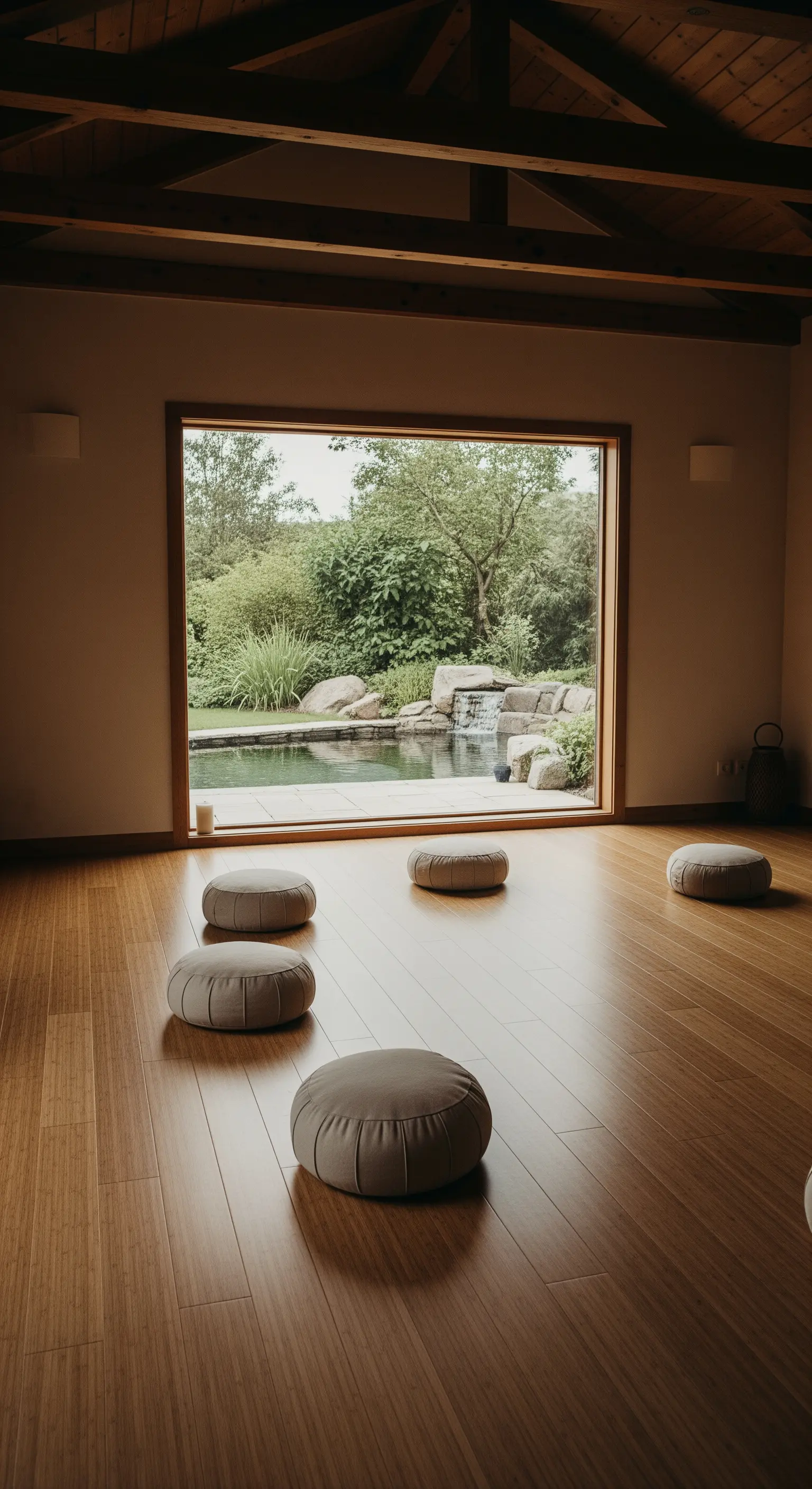 Meditationsraum mit Holzboden, Bodenkissen und großem Fenster mit Blick in einen Garten