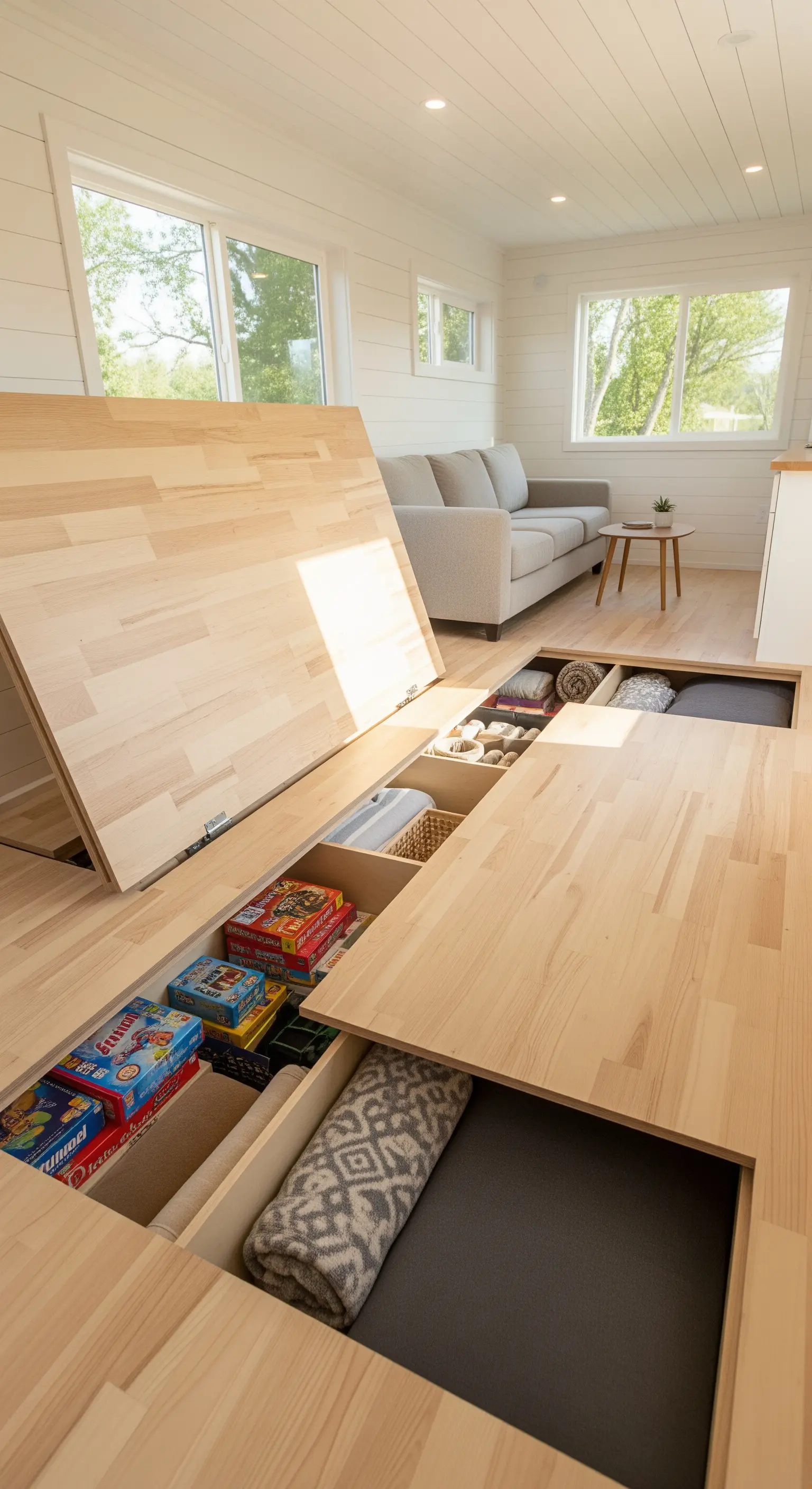 Aufgeklappter Holzboden enthüllt geräumige Staufächer darunter.