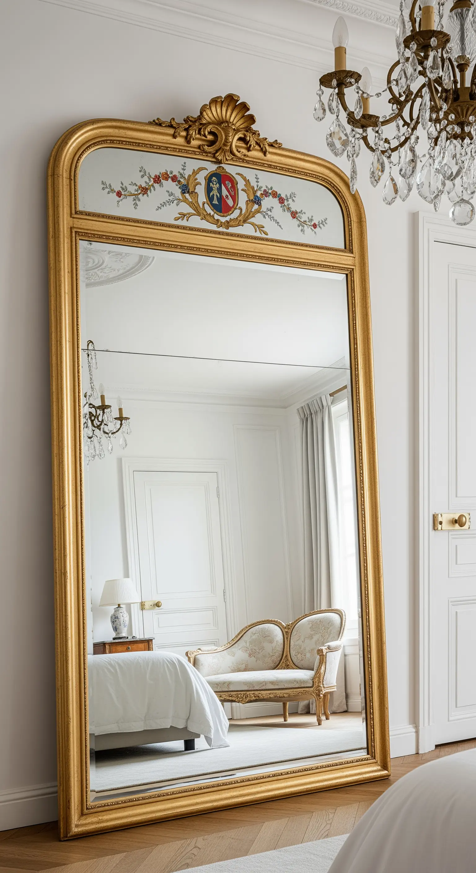 Großer, goldgerahmter Bodenspiegel, der lässig an der Wand in einem Schlafzimmer lehnt