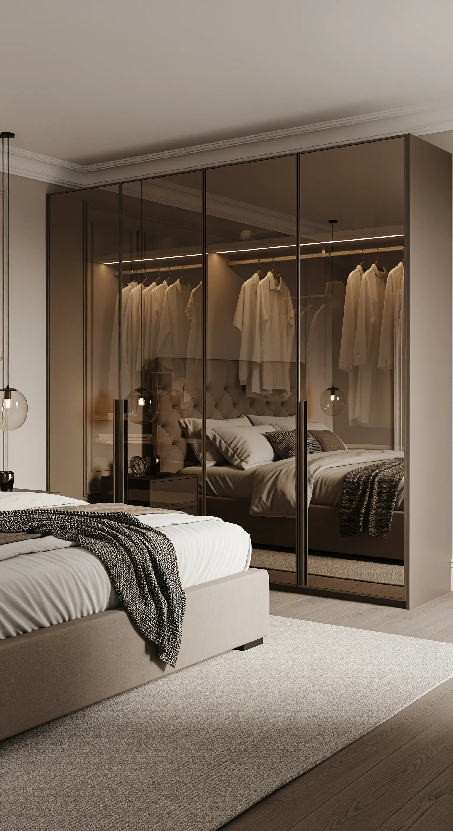 Moderner Kleiderschrank mit getönten Glastüren und interner Beleuchtung im Schlafzimmer.
