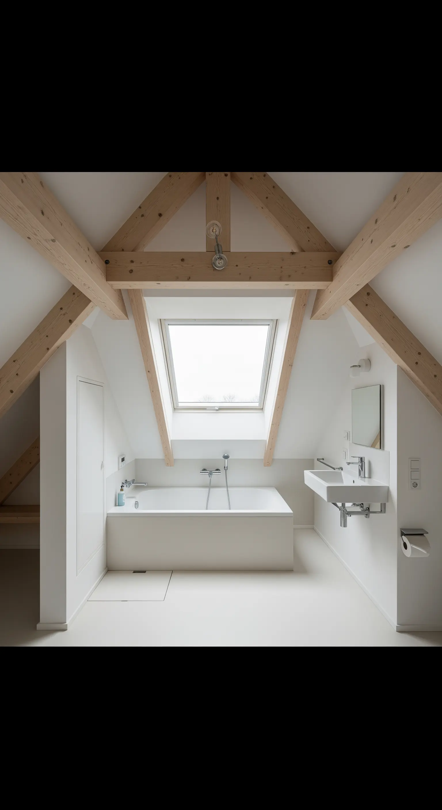 Helles Dachgeschoss-Badezimmer mit sichtbaren Holzbalken und einem großen Dachfenster über der Wanne.