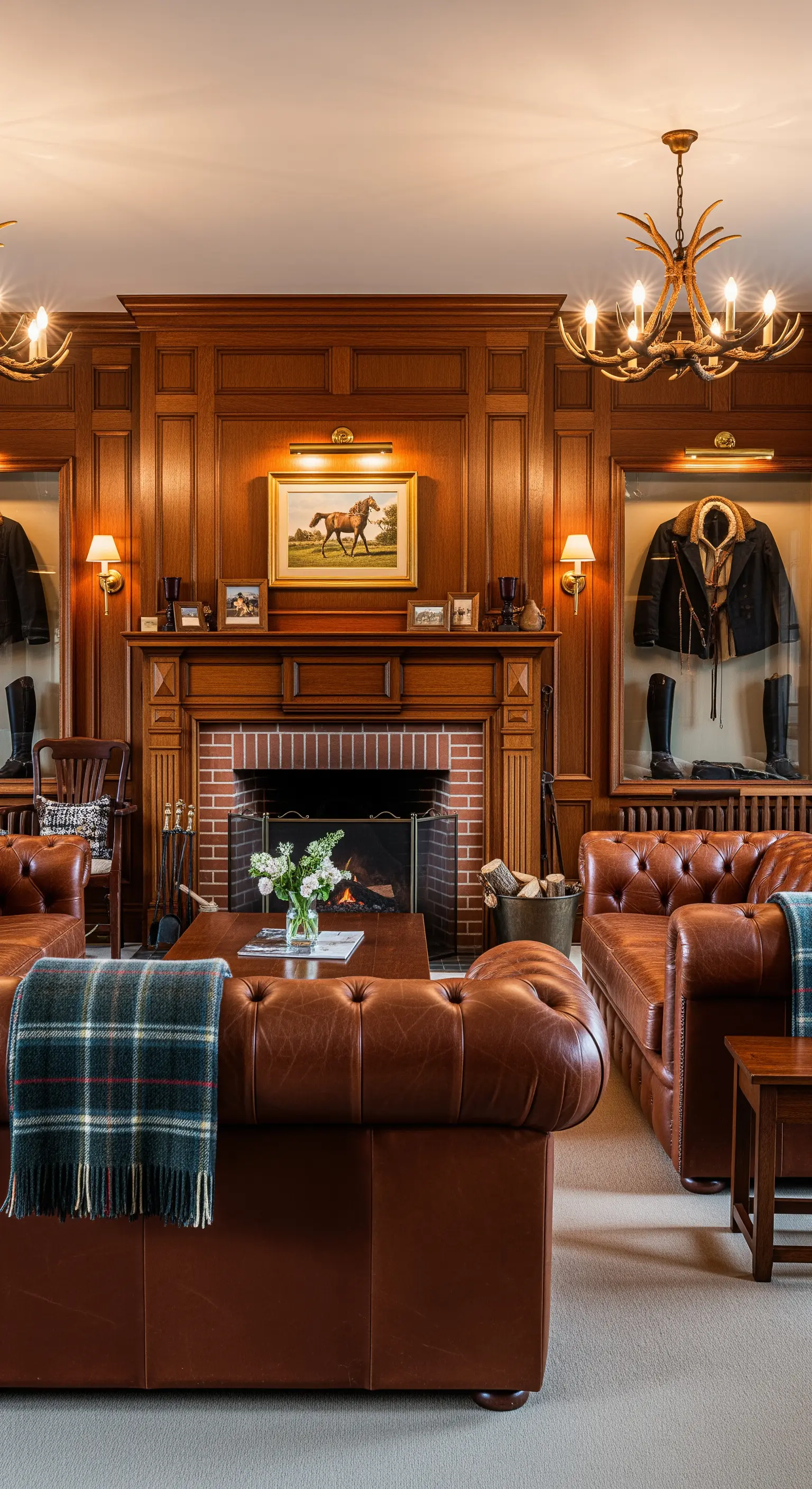 Kaminzimmer im Reiterstil mit Holzvertäfelung, Ledersofas und karierten Wolldecken.