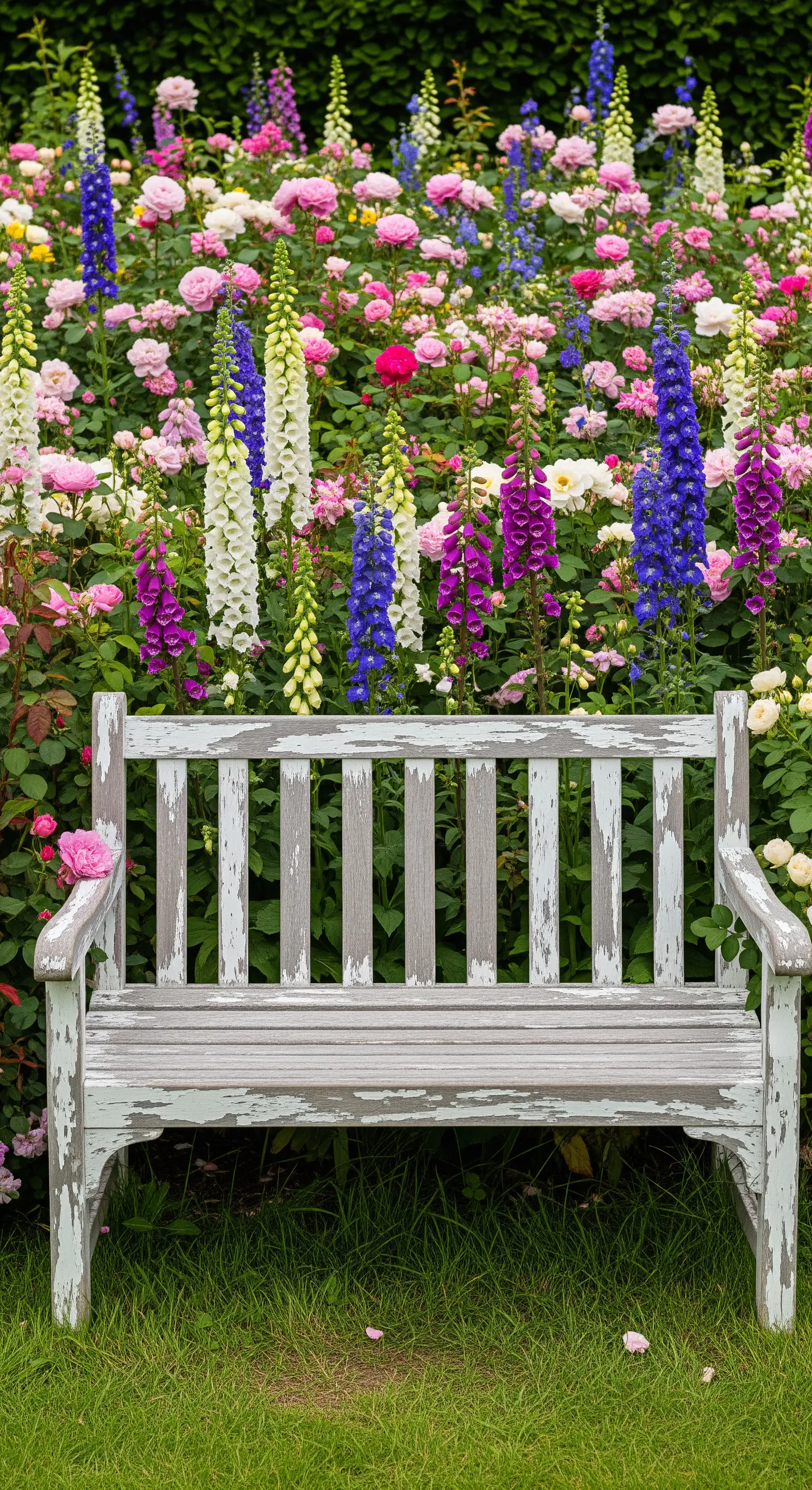 Weiße Holzbank mit abblätternder Farbe im Shabby-Chic-Stil vor einem Beet mit Rosen und Fingerhut.