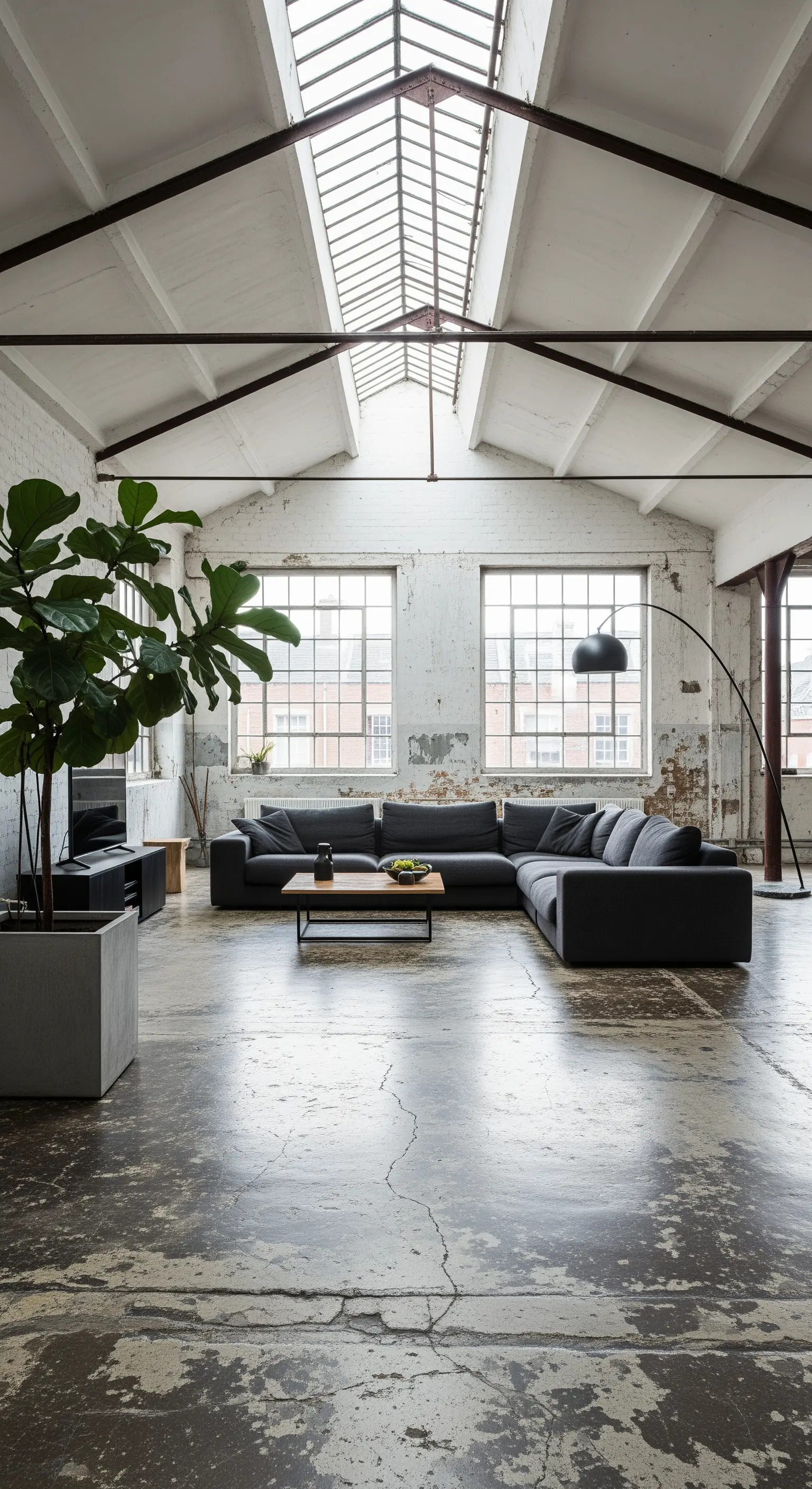 Loft-Wohnzimmer mit rohem Betonboden, großem Sofa und einer Feigenbaum-Pflanze