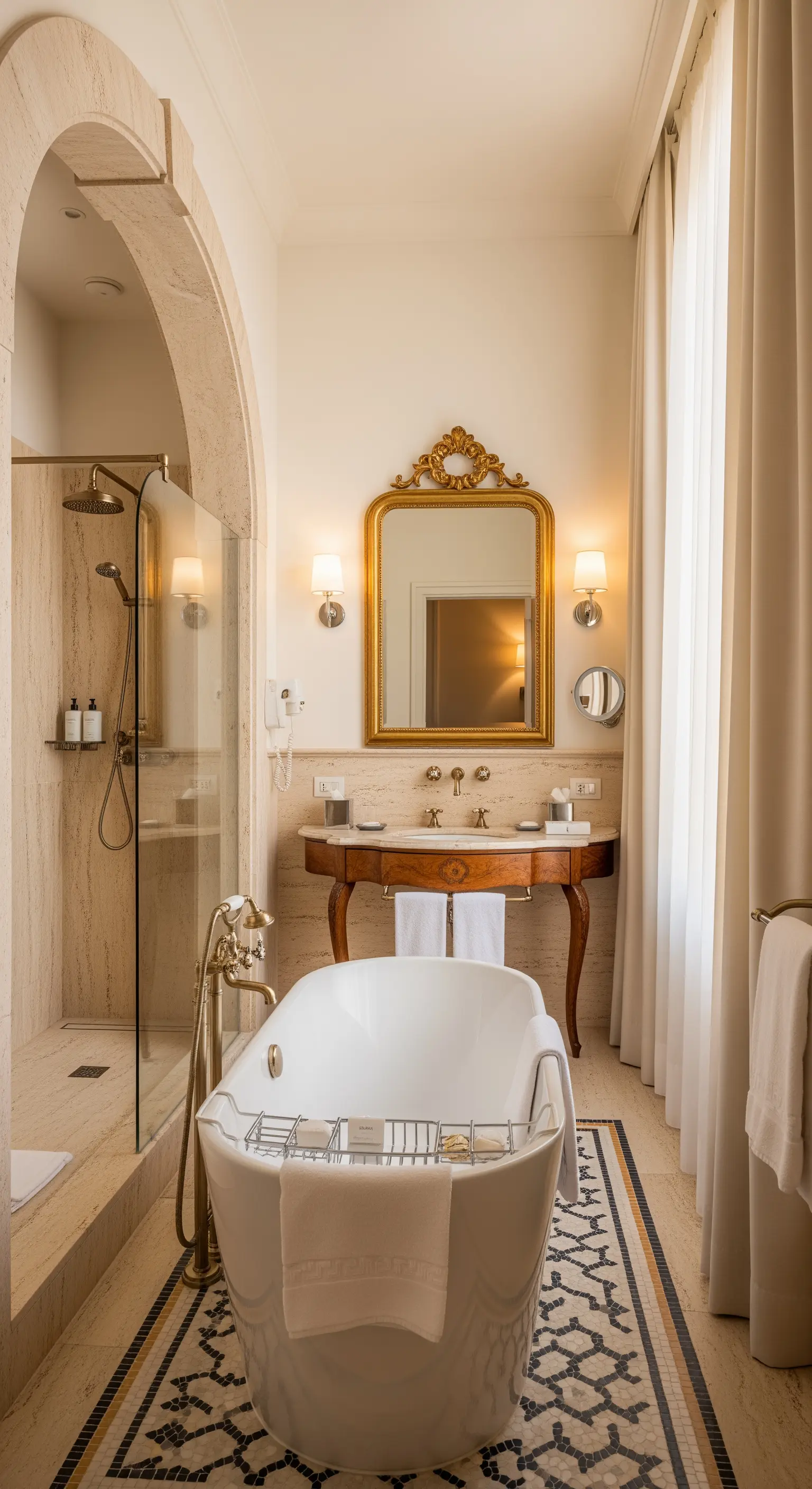 Elegantes Badezimmer mit freistehender Wanne, Goldspiegel und gemusterten Bodenfliesen.