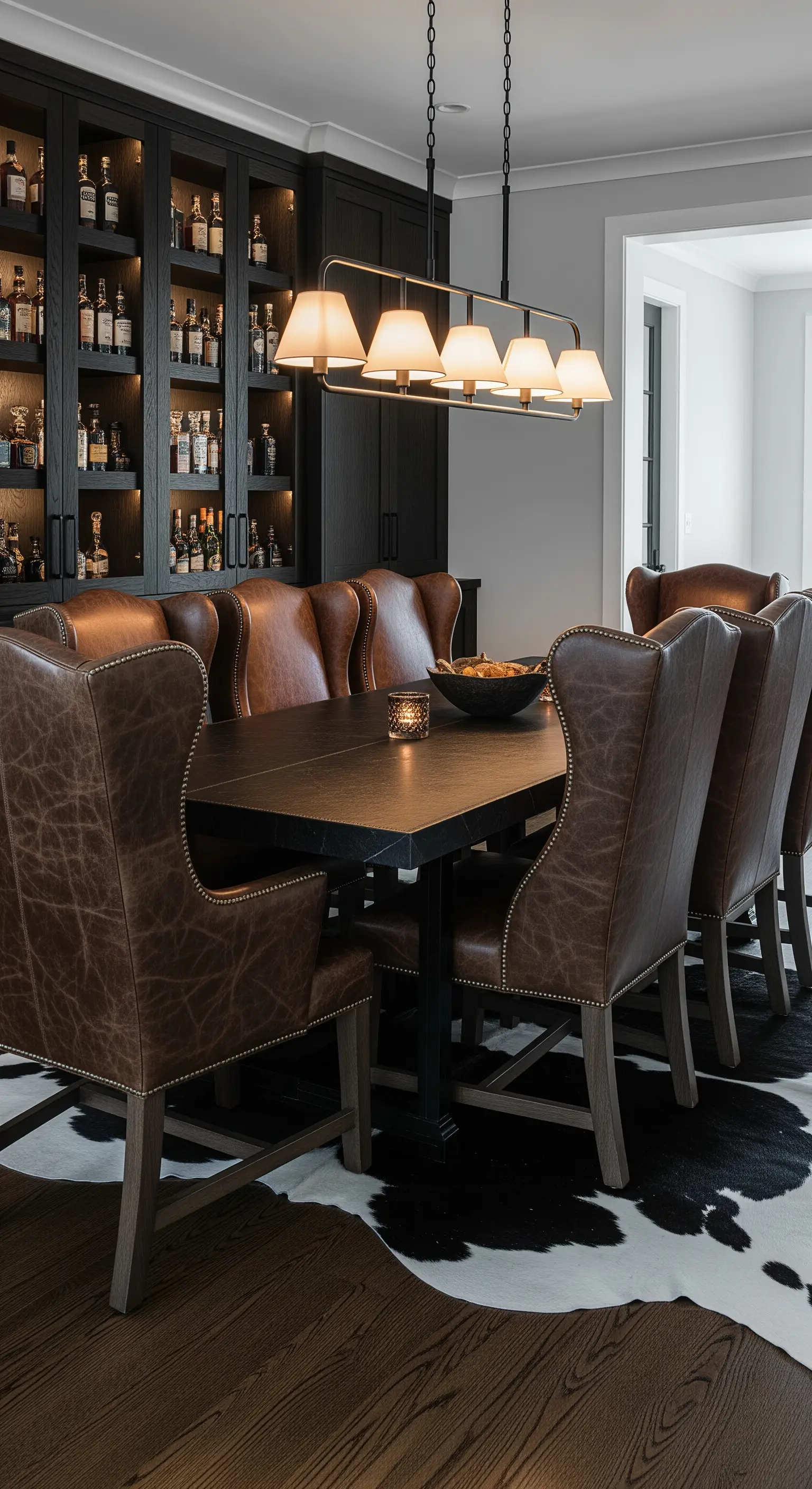 Esstisch mit braunen Lederstühlen und beleuchteter Spirituosensammlung im Hintergrund.
