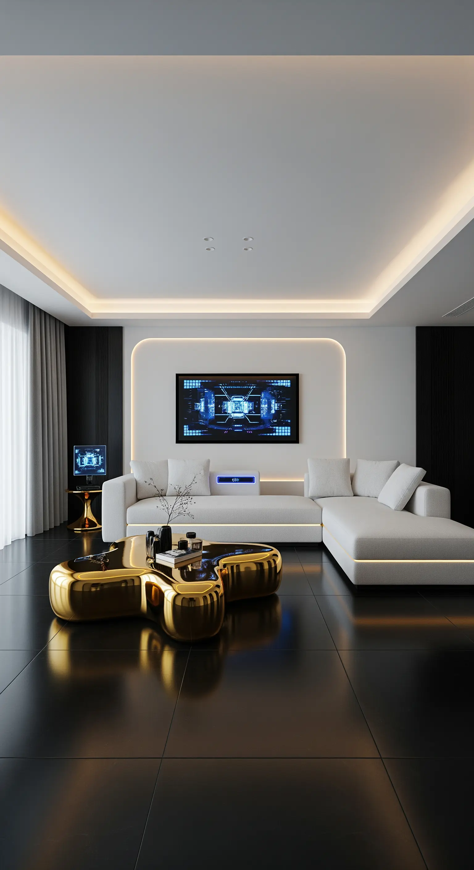 Modernes Wohnzimmer mit schwarzen Fliesen und einem organisch geformten, hochglänzenden Gold-Couchtisch.