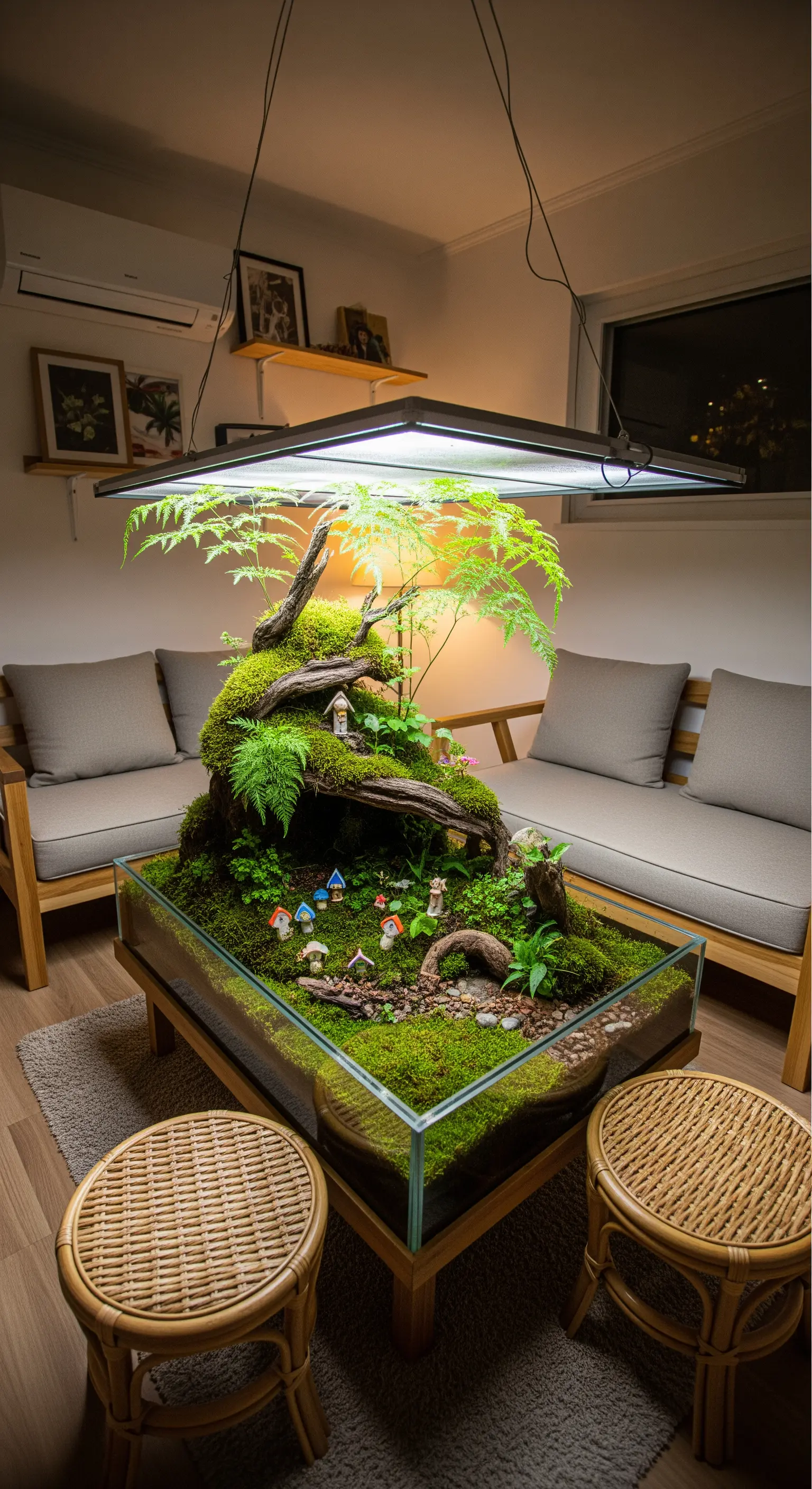 Ein gläserner Couchtisch, der als aufwendiges Terrarium mit Moos und Farnen gestaltet ist.