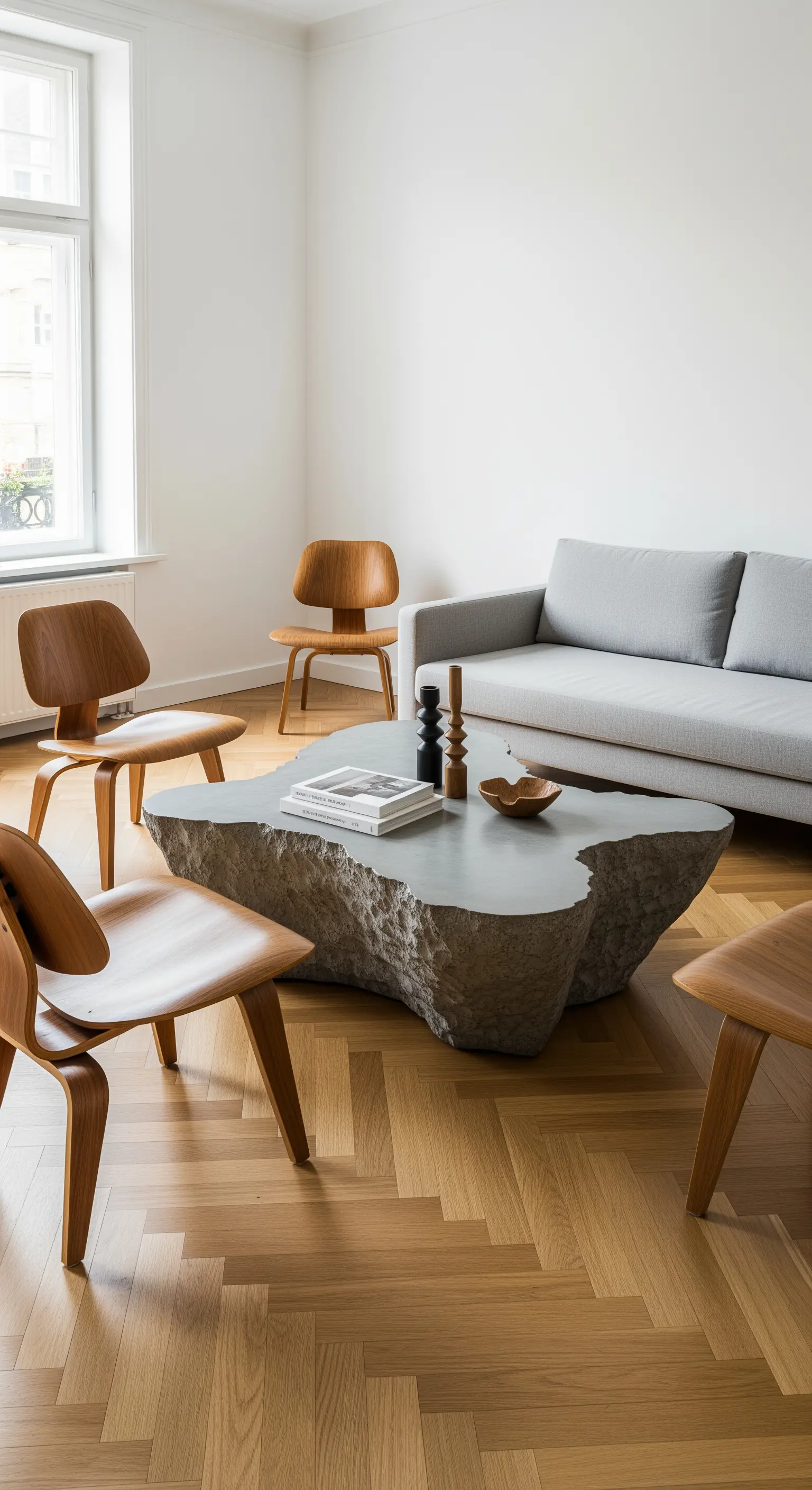 Wohnzimmer mit einem organisch geformten Beton-Couchtisch und Holzstühlen.