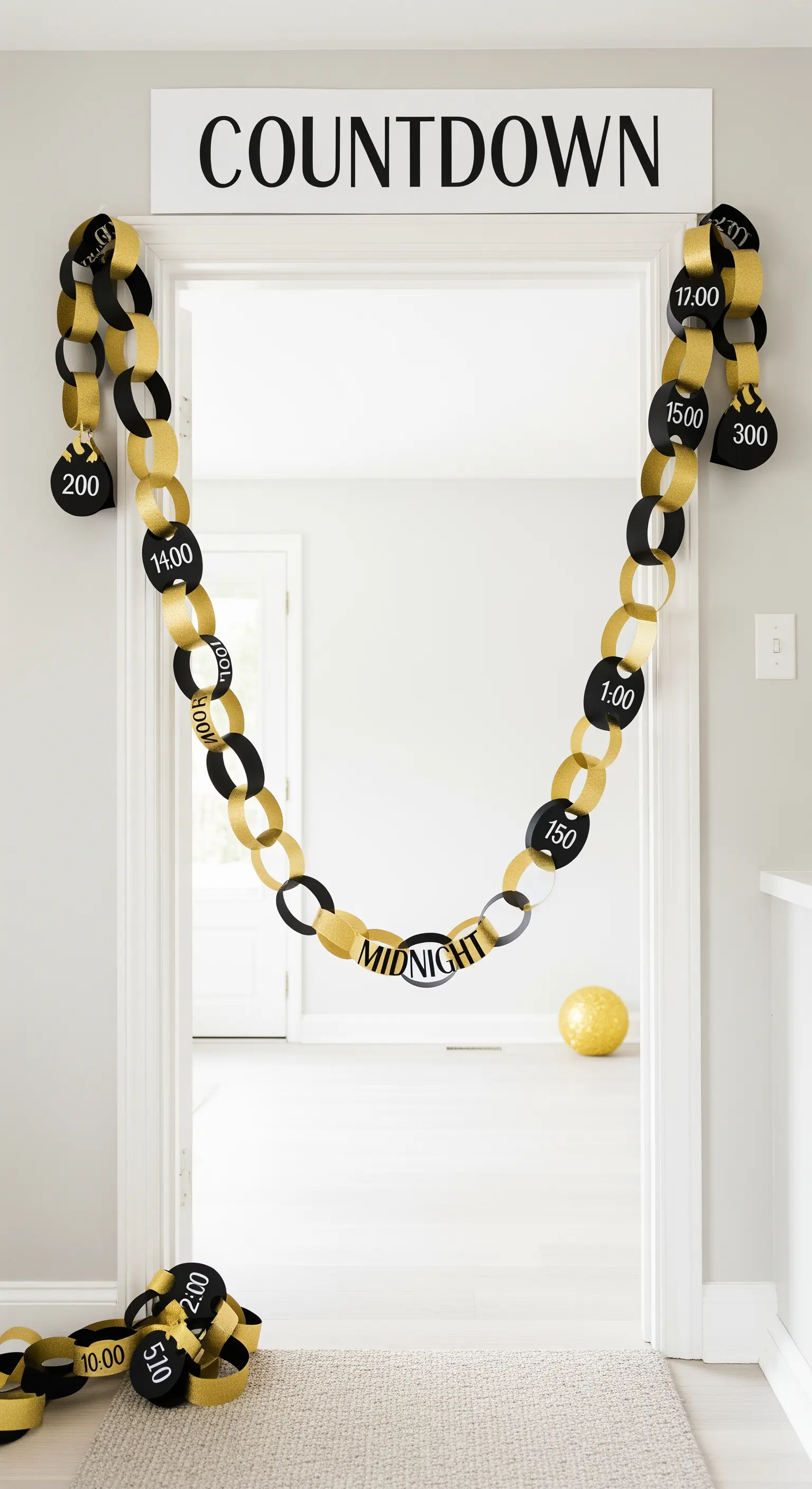 Eine Papierketten-Girlande in Schwarz und Gold als Countdown über einem Türrahmen.