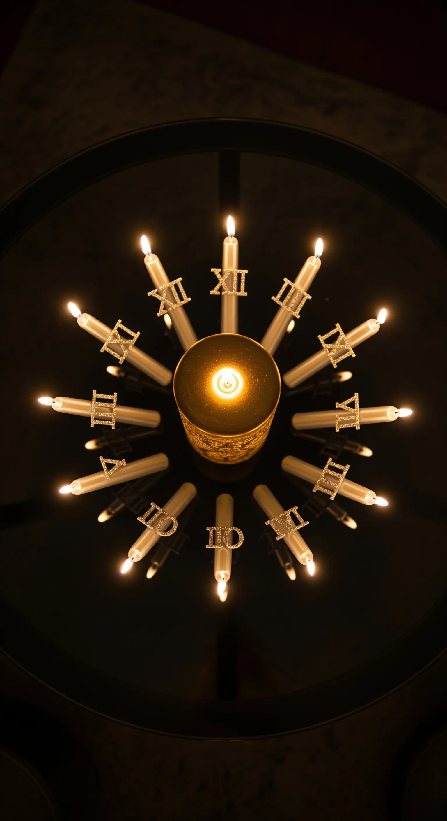 Kerzen mit römischen Ziffern im Kreis angeordnet als Countdown-Uhr für Mitternacht.