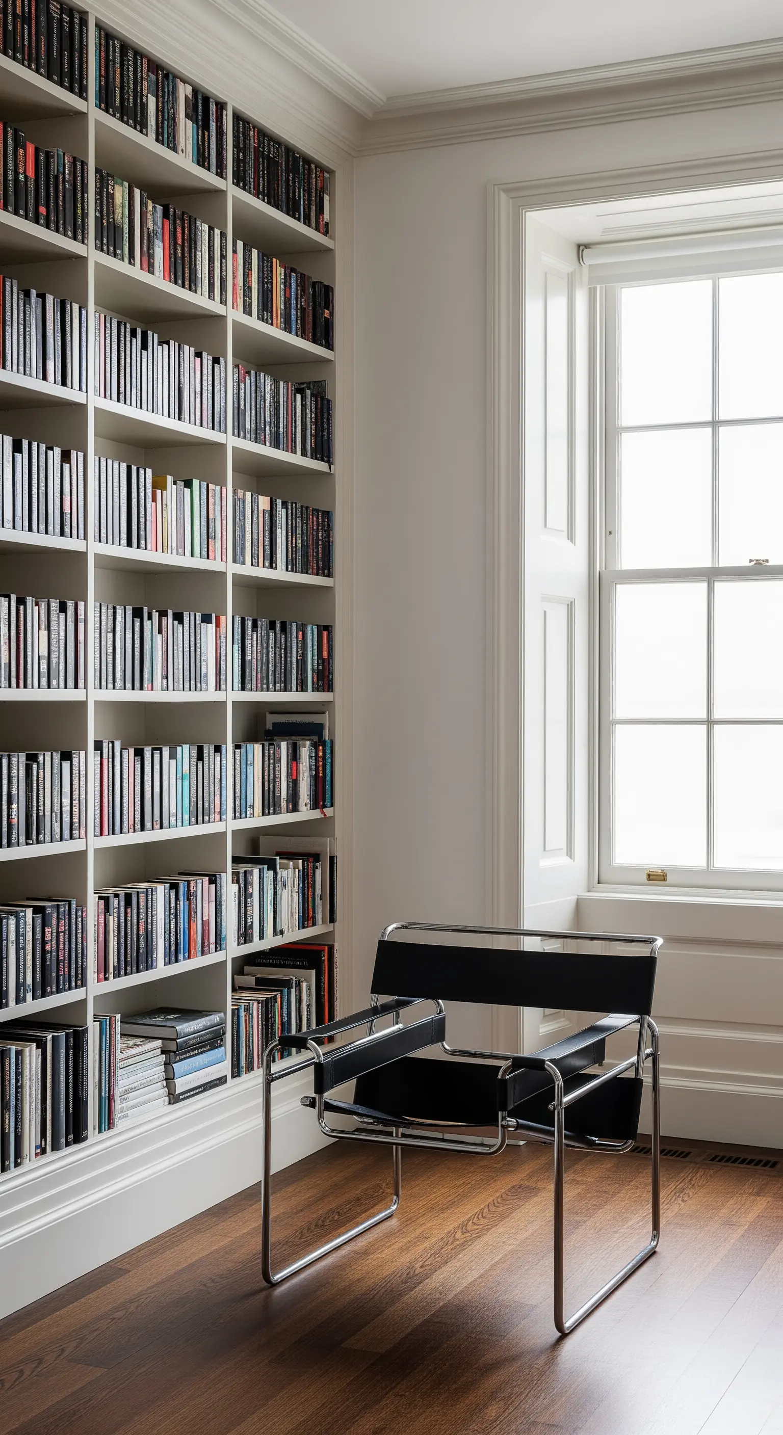 Eine deckenhohe Bibliothek mit einem ikonischen Wassily Chair als Lesesessel.