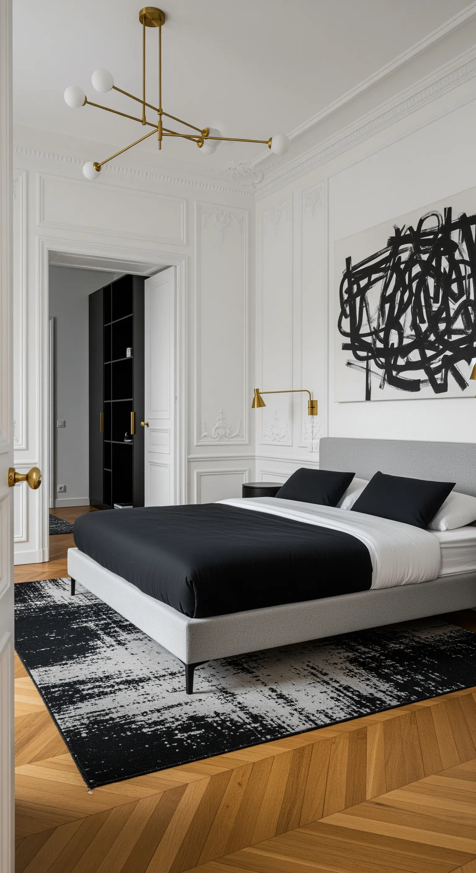 Pariser Altbau-Schlafzimmer mit modernem Bett und abstrakter Kunst