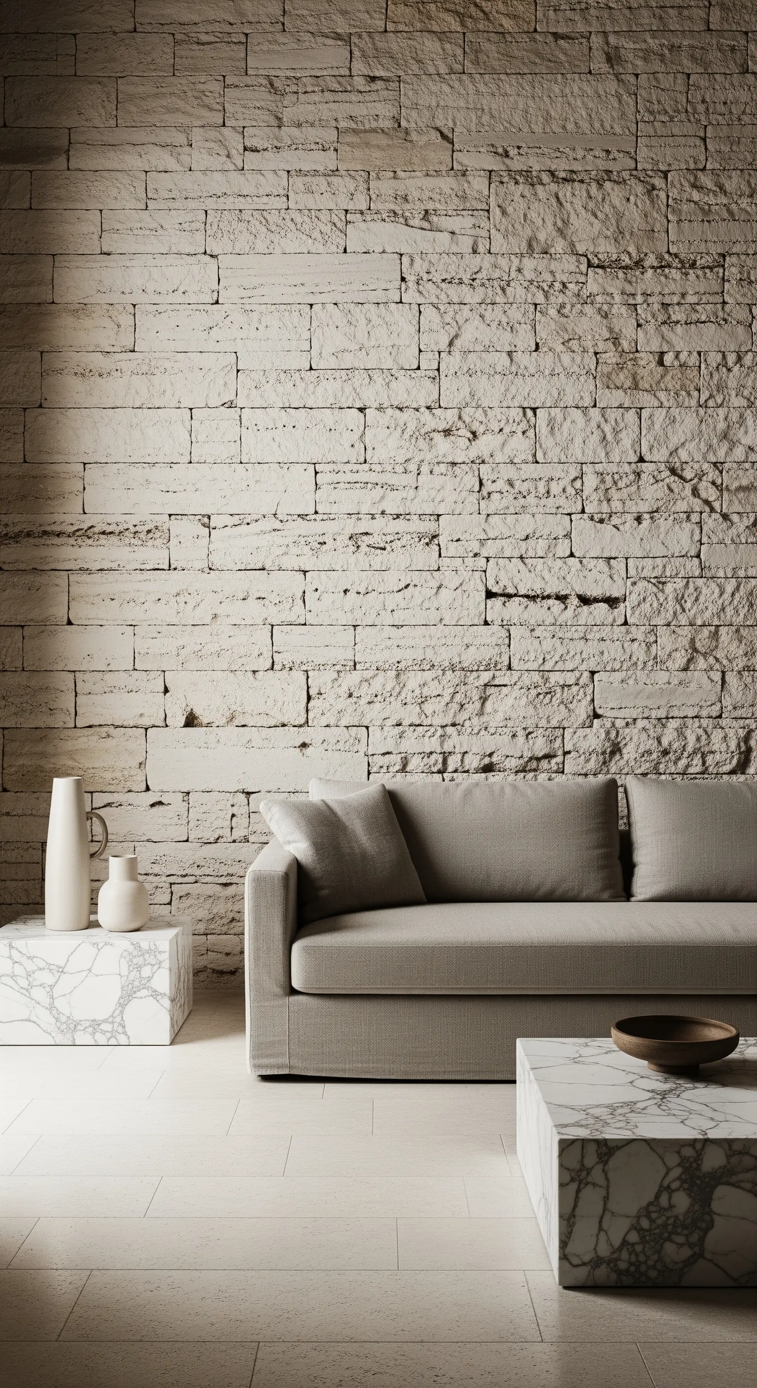 Wohnzimmer mit einer Wand aus rauem Naturstein und Beistelltischen aus poliertem Marmor.