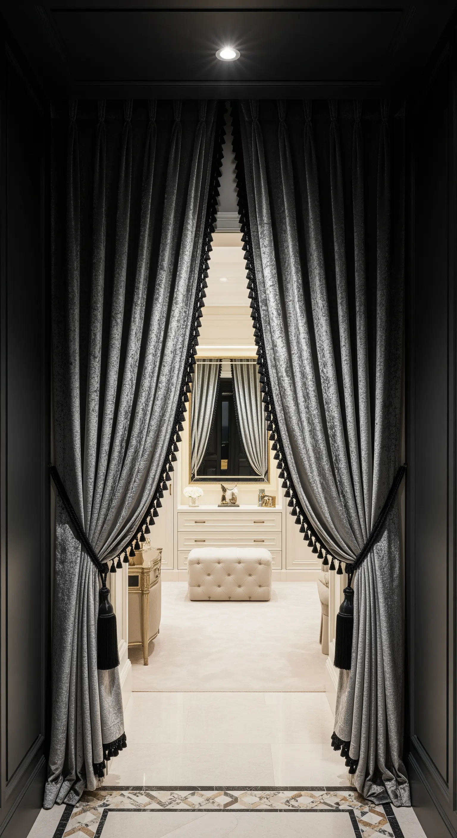 Ein offener Durchgang wird von schweren, grauen Samtvorhängen mit schwarzen Quasten gerahmt