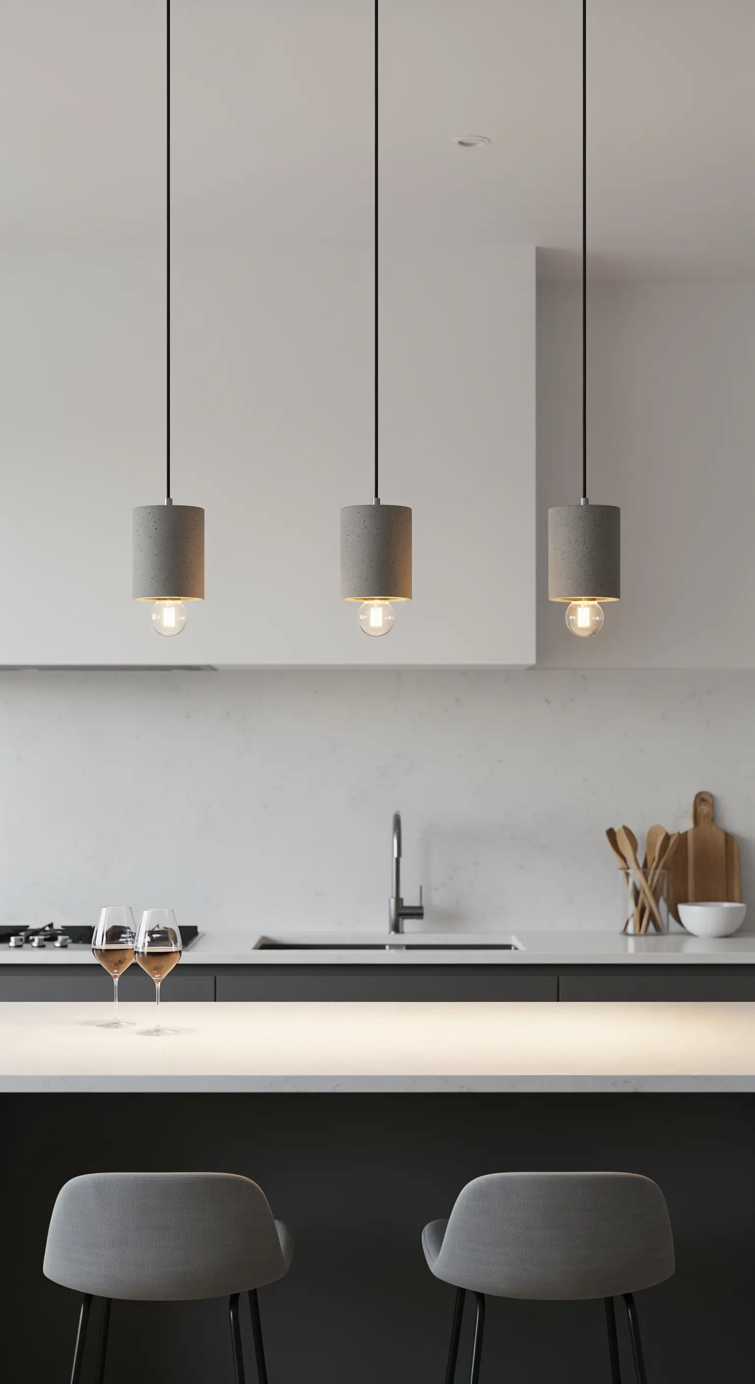 Drei Pendelleuchten mit Betonschirmen hängen in einer Reihe über einer weißen Kücheninsel.