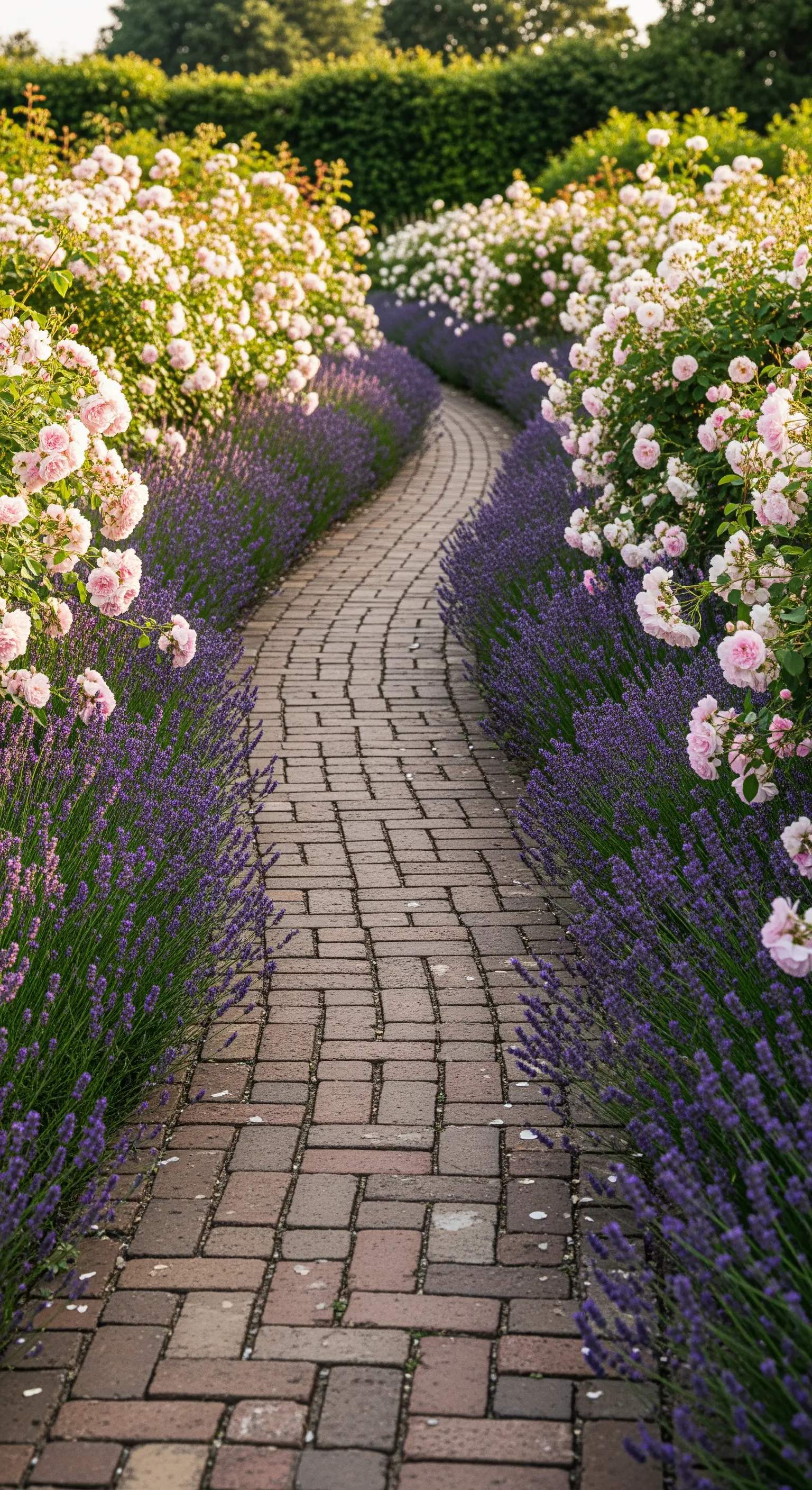 Geschwungener Ziegelweg, gesäumt von blühendem Lavendel und rosa Rosenbüschen