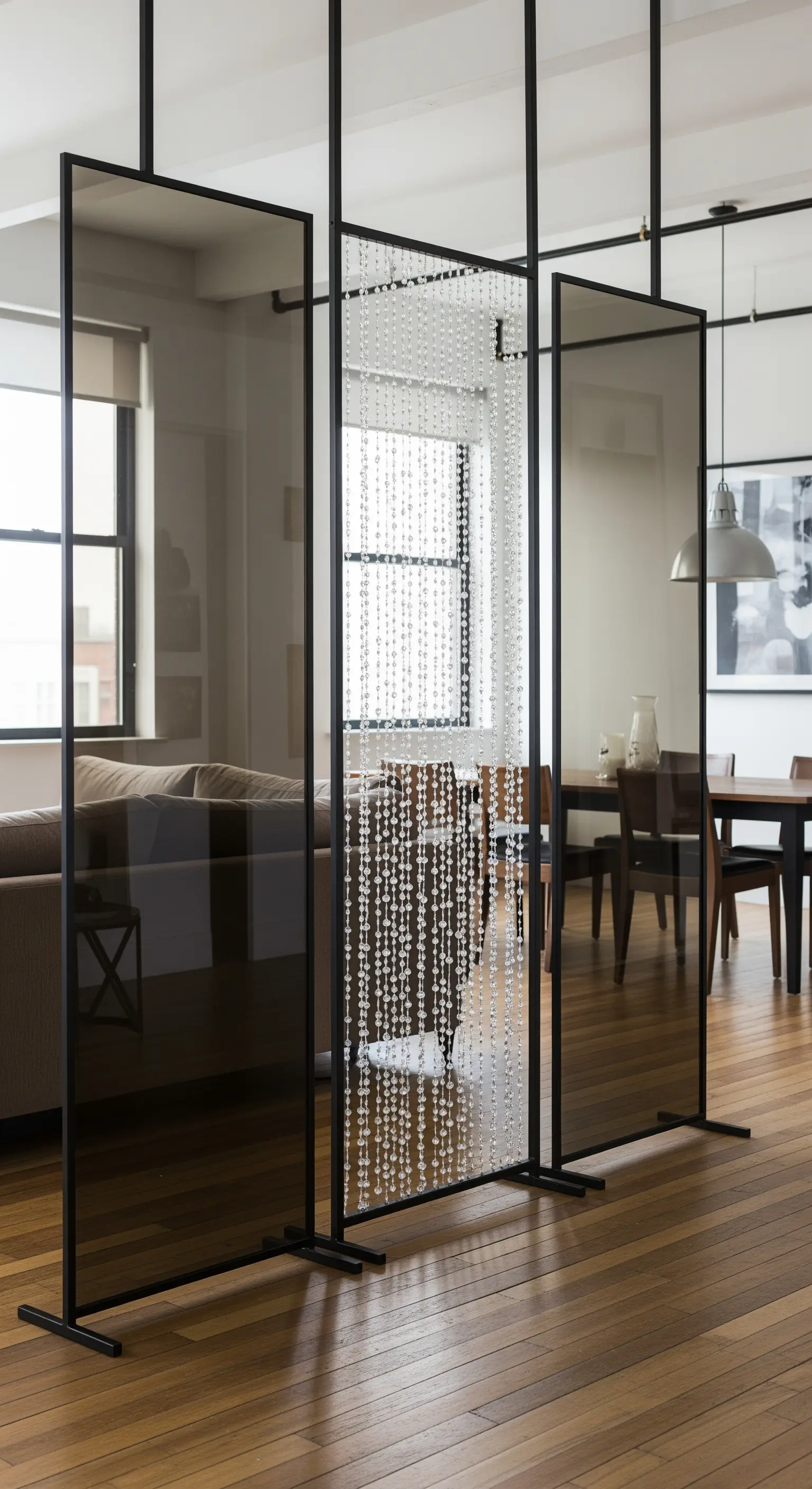 Freistehender Raumteiler aus Rauchglas-Paneelen und einem Vorhang aus Kristallketten.