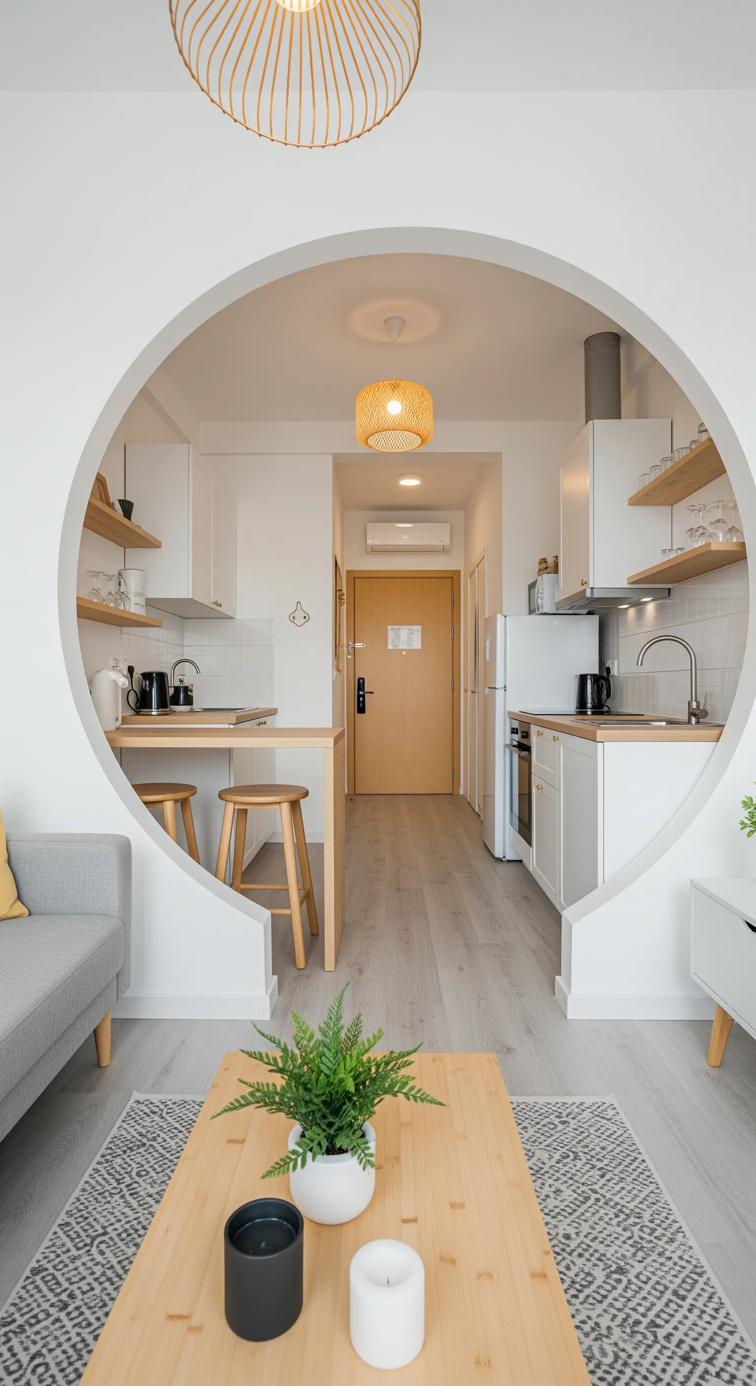 Blick durch eine große, runde Wandöffnung auf eine moderne, helle Küche.