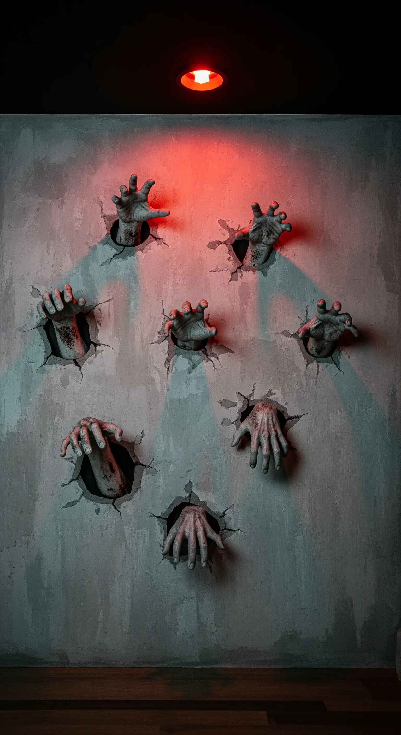 Gruselige Hände, die durch eine graue, rissige Wand zu brechen scheinen.