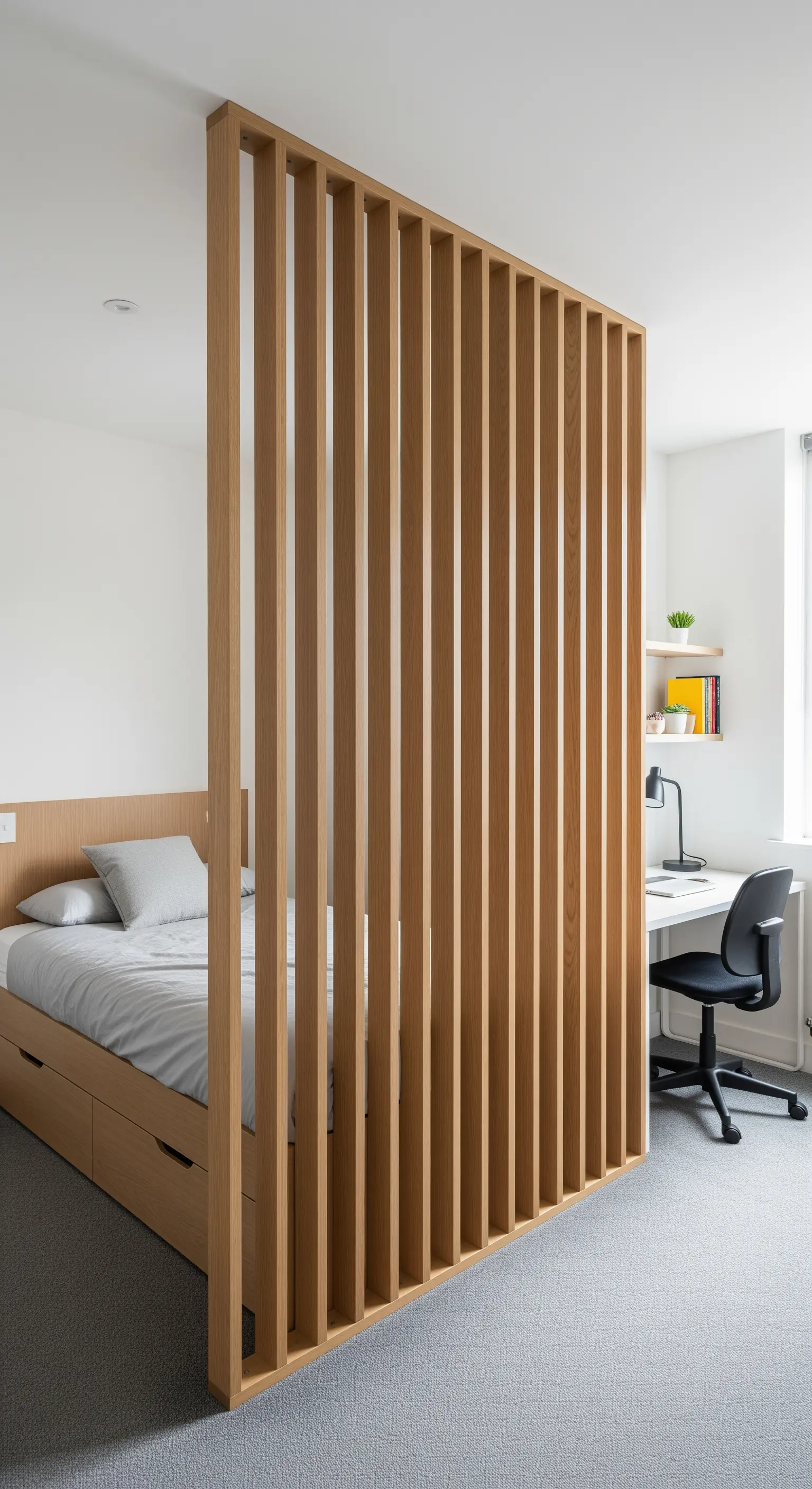 Raumteiler aus vertikalen Holzlatten trennt den Schlafbereich vom Schreibtisch in einem Studio.