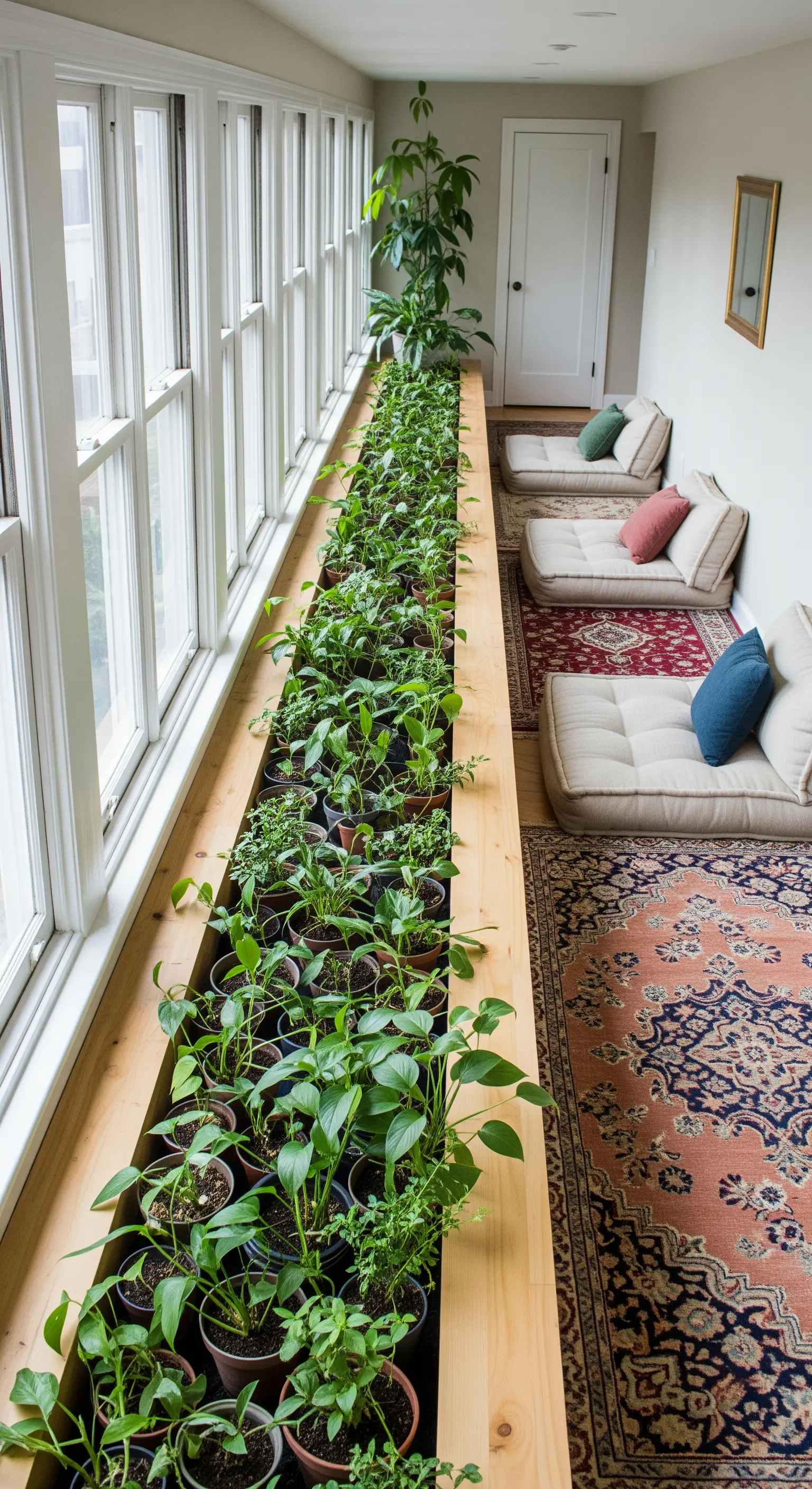 Ein langer, eingebauter Pflanzkasten aus hellem Holz verläuft entlang einer ganzen Fensterfront.