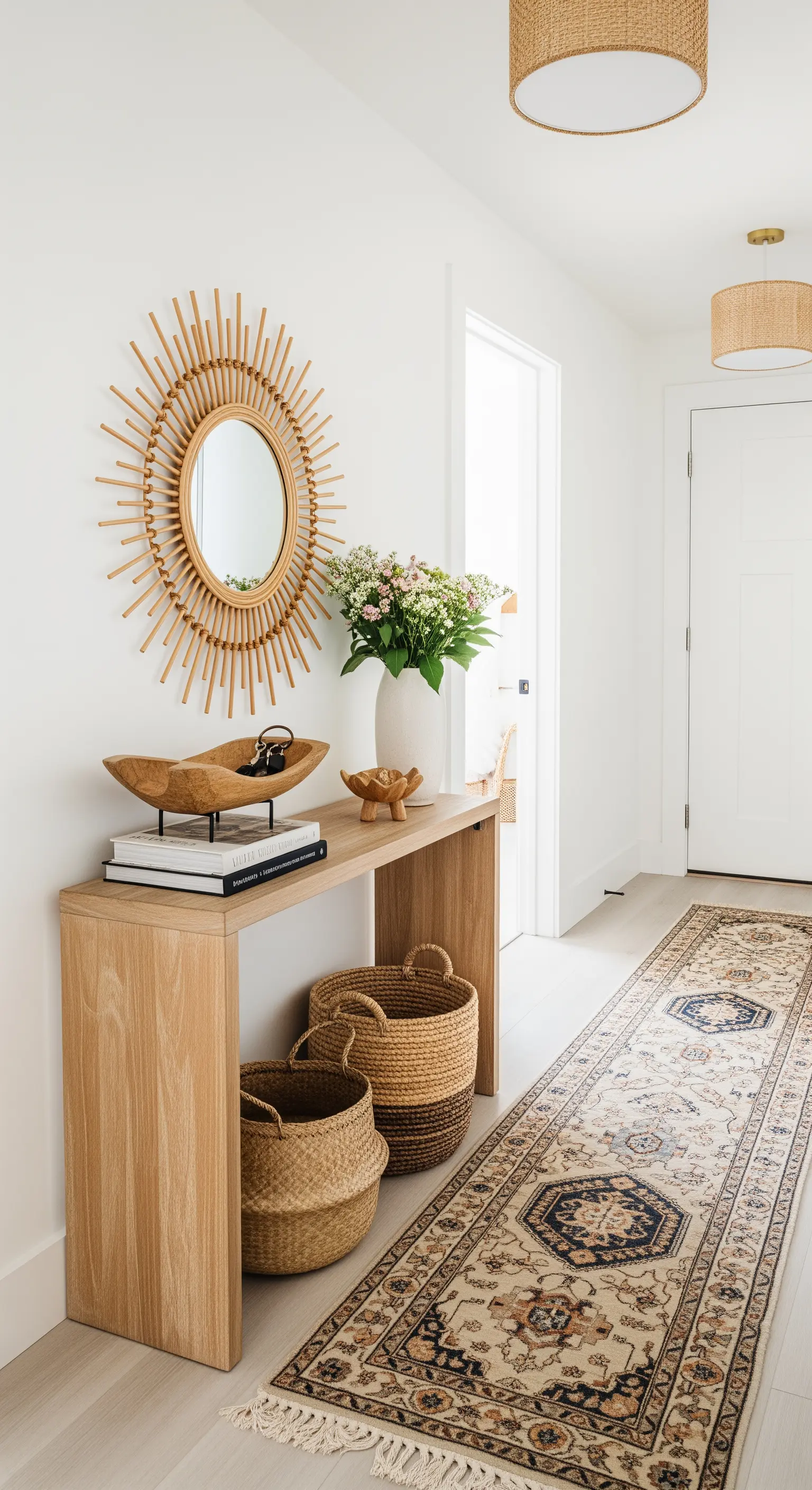 Boho-Eingangsbereich mit Sonnenspiegel, Holztisch und geflochtenen Körben.