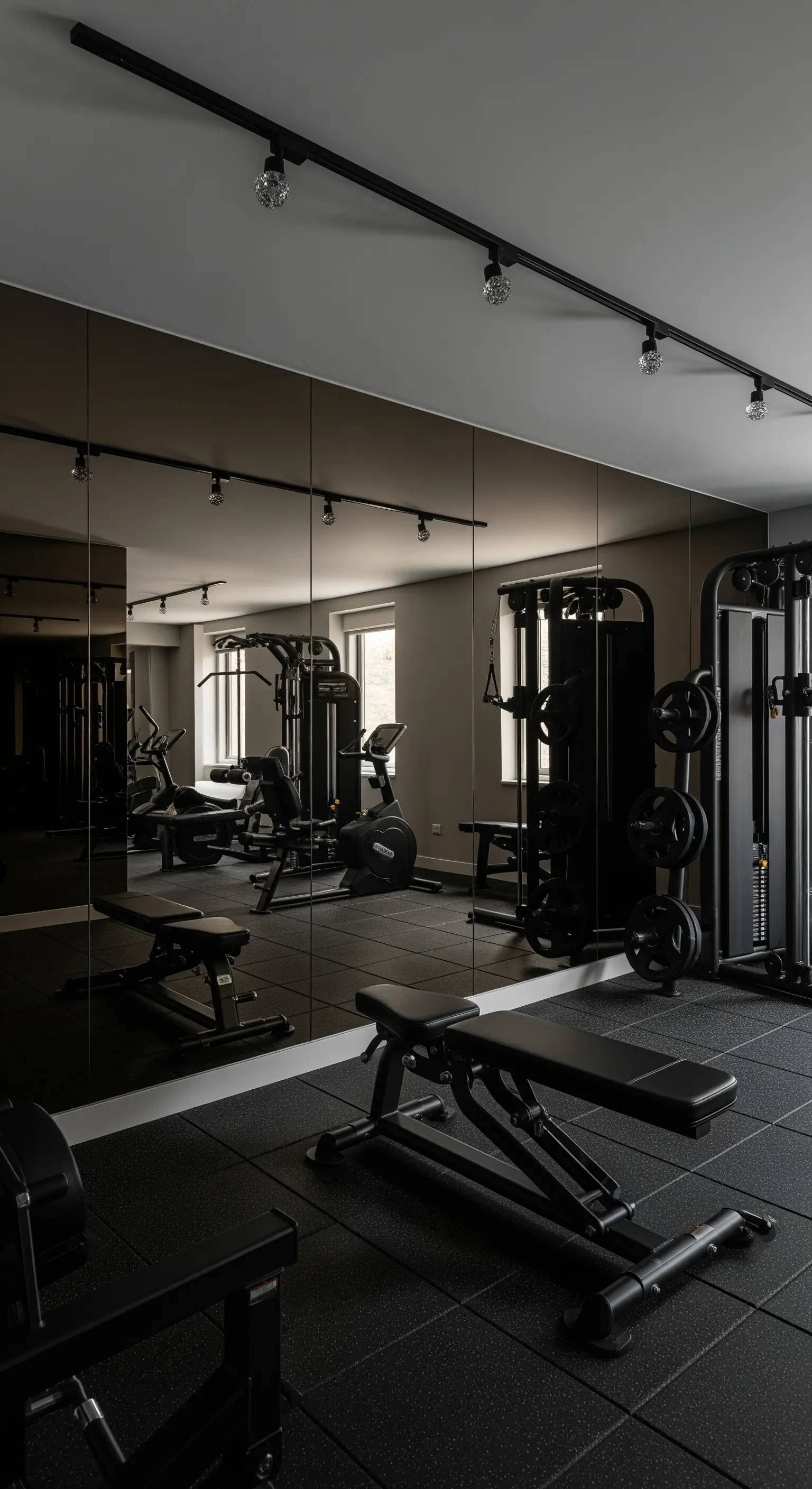 Home-Gym mit einer kompletten Wand aus Rauchglasspiegeln, die die Fitnessgeräte reflektiert.