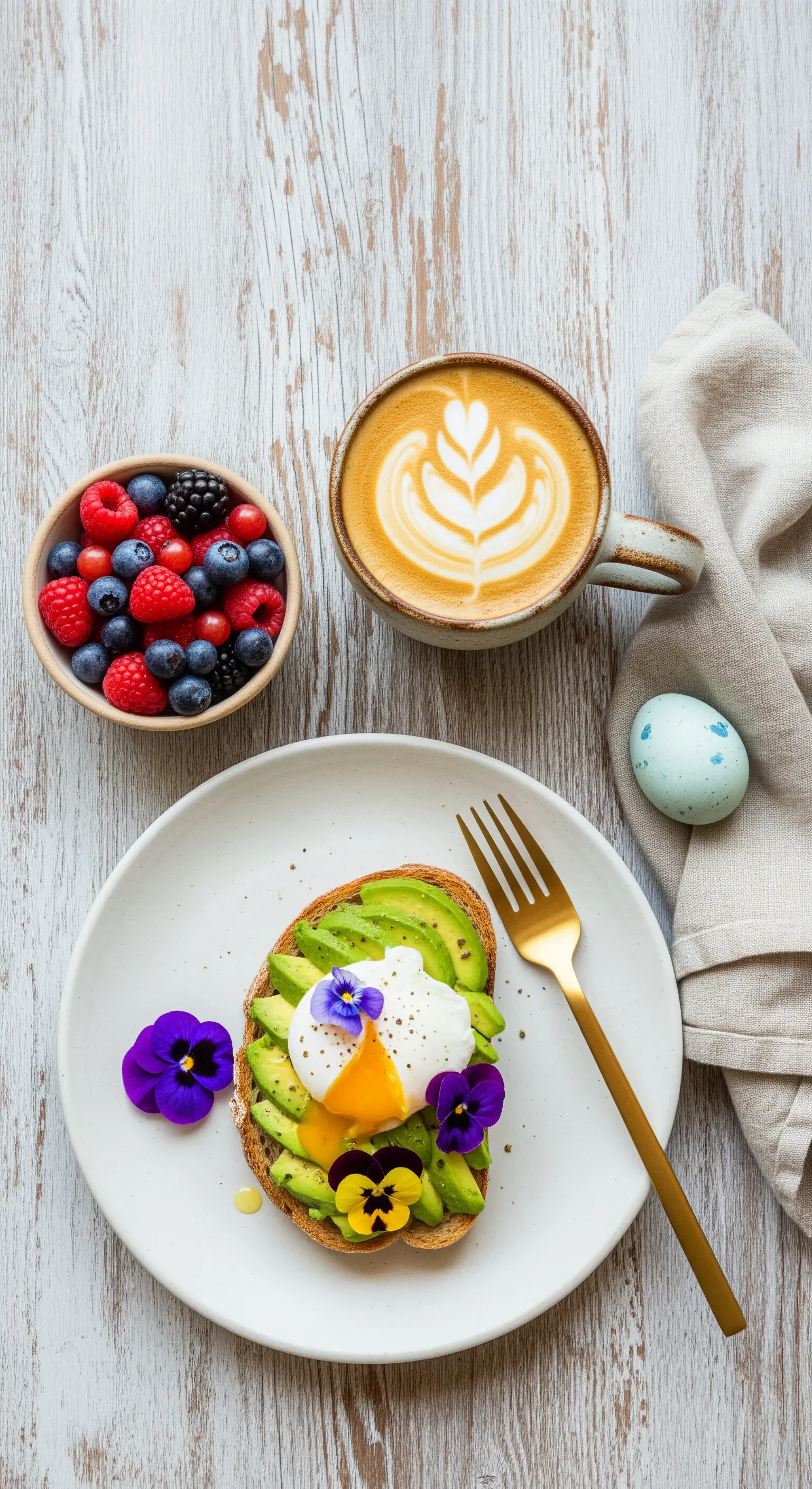 Ästhetisch angerichteter Osterbrunch mit Avocado-Toast, Beeren und essbaren Blüten.