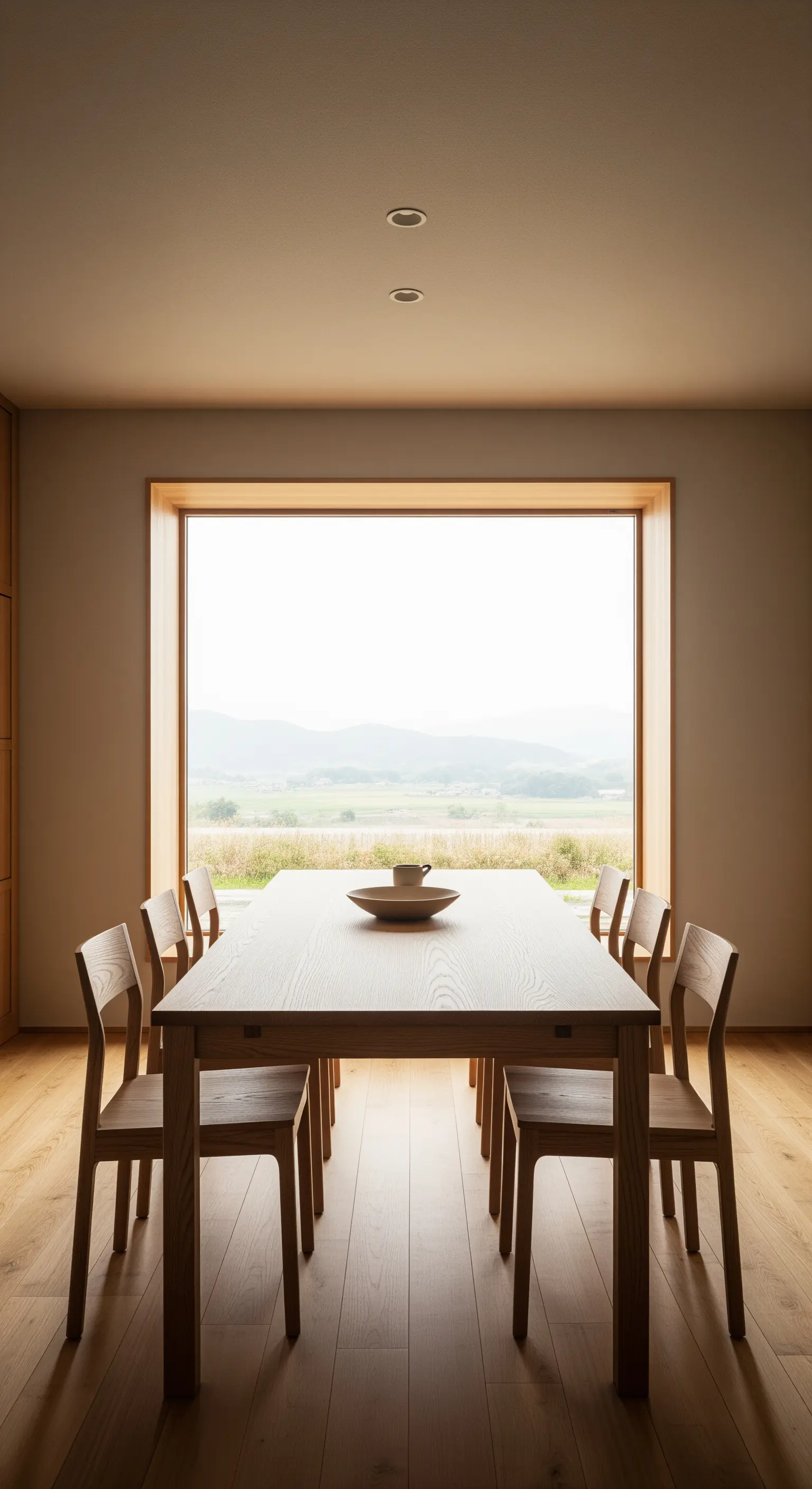 Ein langer Holzesstisch, der auf ein großes Panoramafenster mit Landschaftsblick ausgerichtet ist.