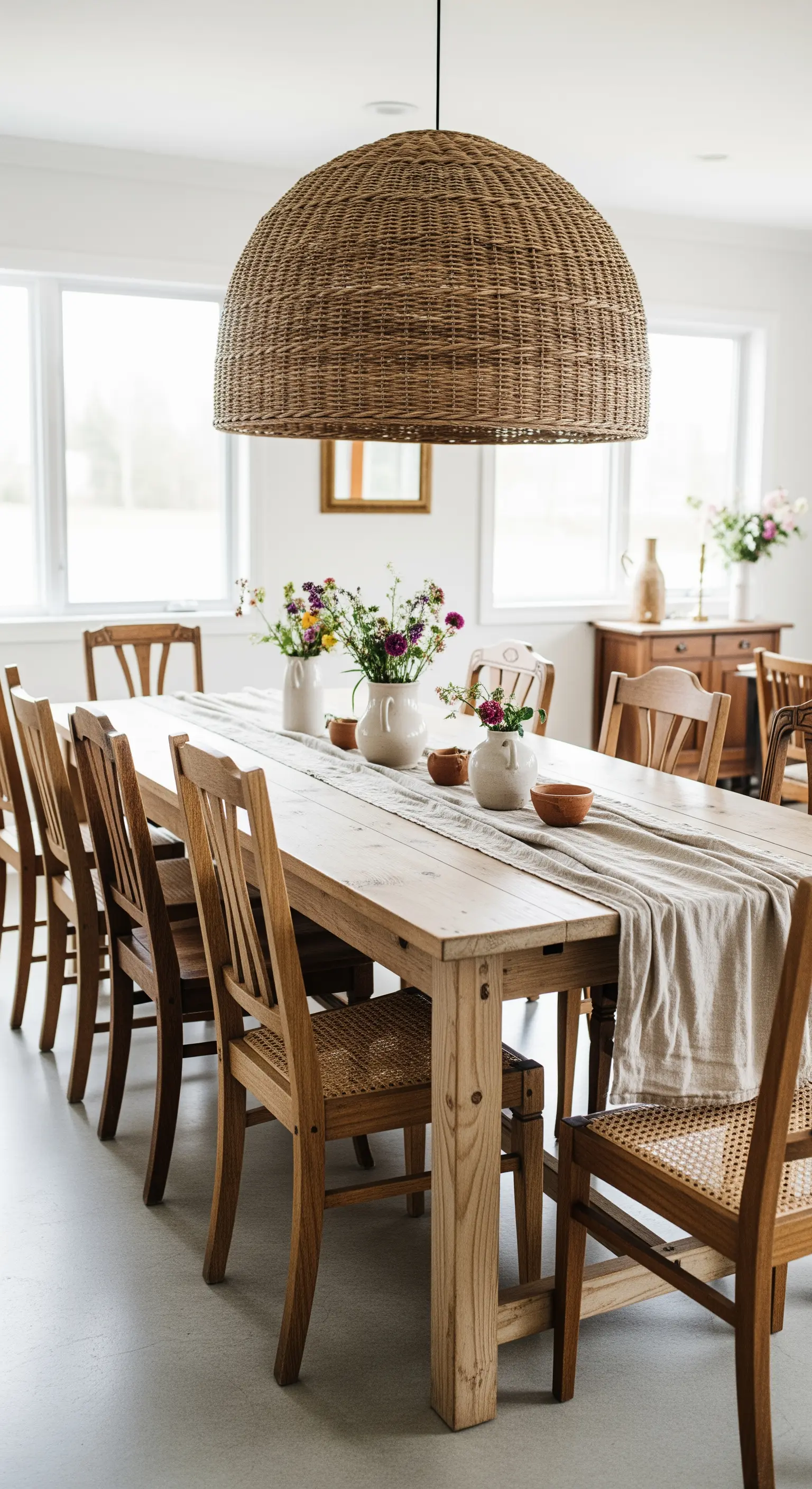 Großer Esstisch aus Holz mit einer überdimensionalen Rattan-Lampe darüber.