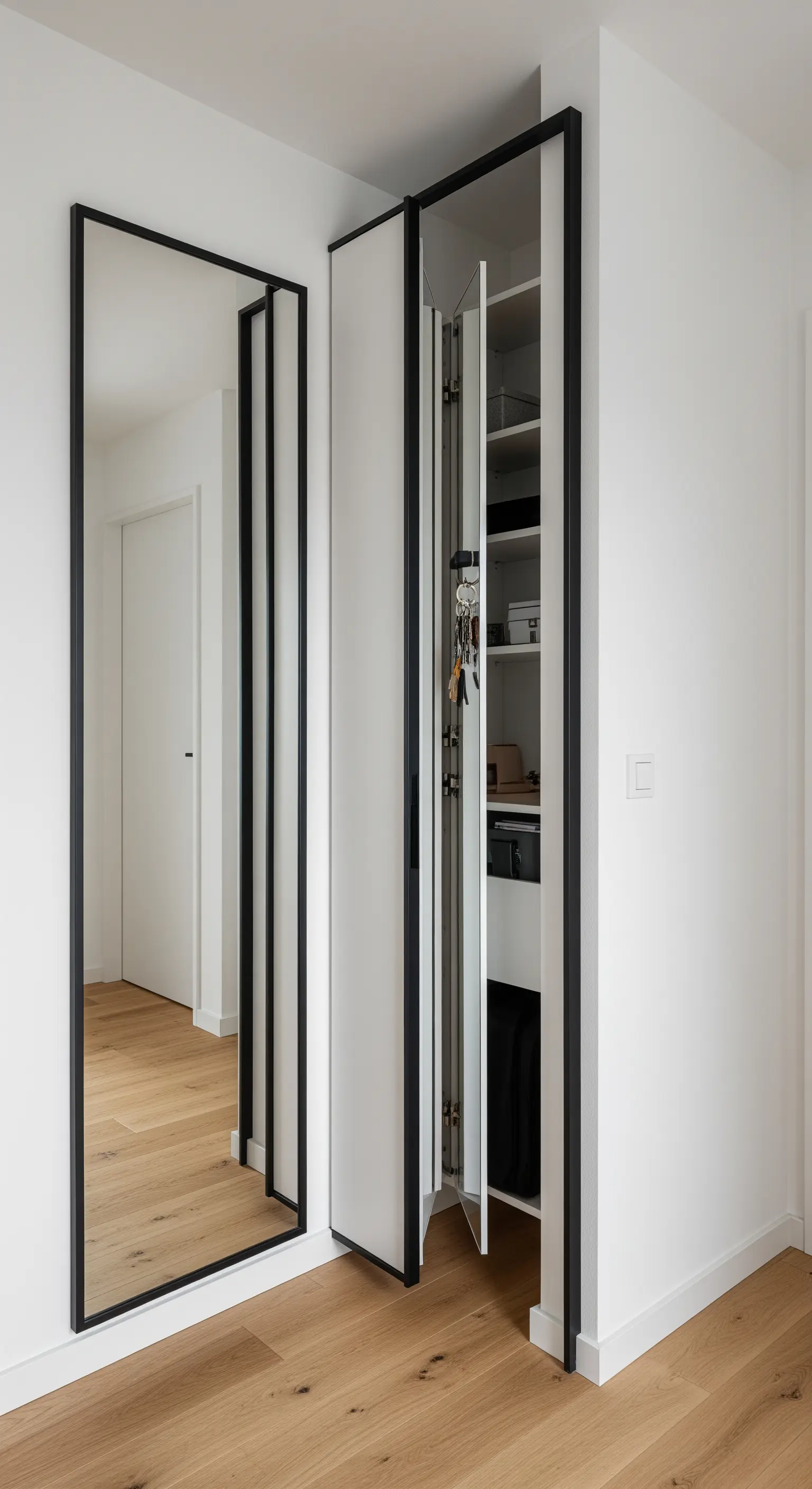 Schmaler Flurschrank mit weißen Falttüren in einem schwarzen Rahmen und integriertem Spiegel.