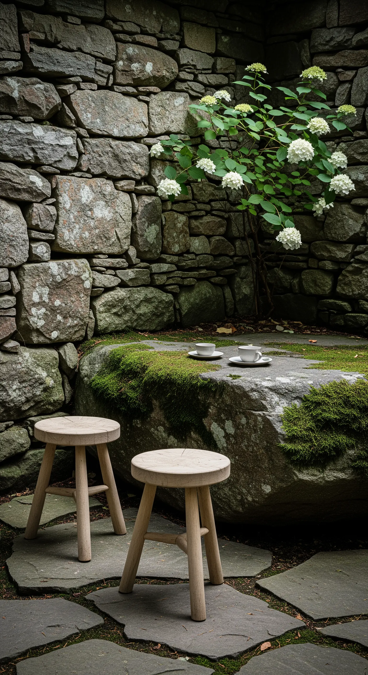 Zwei Holzhocker an einem großen, moosbewachsenen Felsen, der als Tisch dient