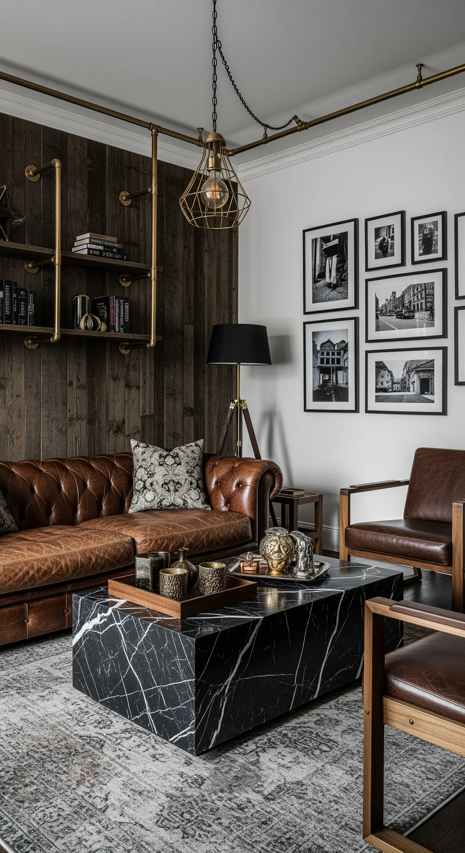 Massiver, blockartiger Couchtisch aus schwarzem Marmor im Industrial-Stil.