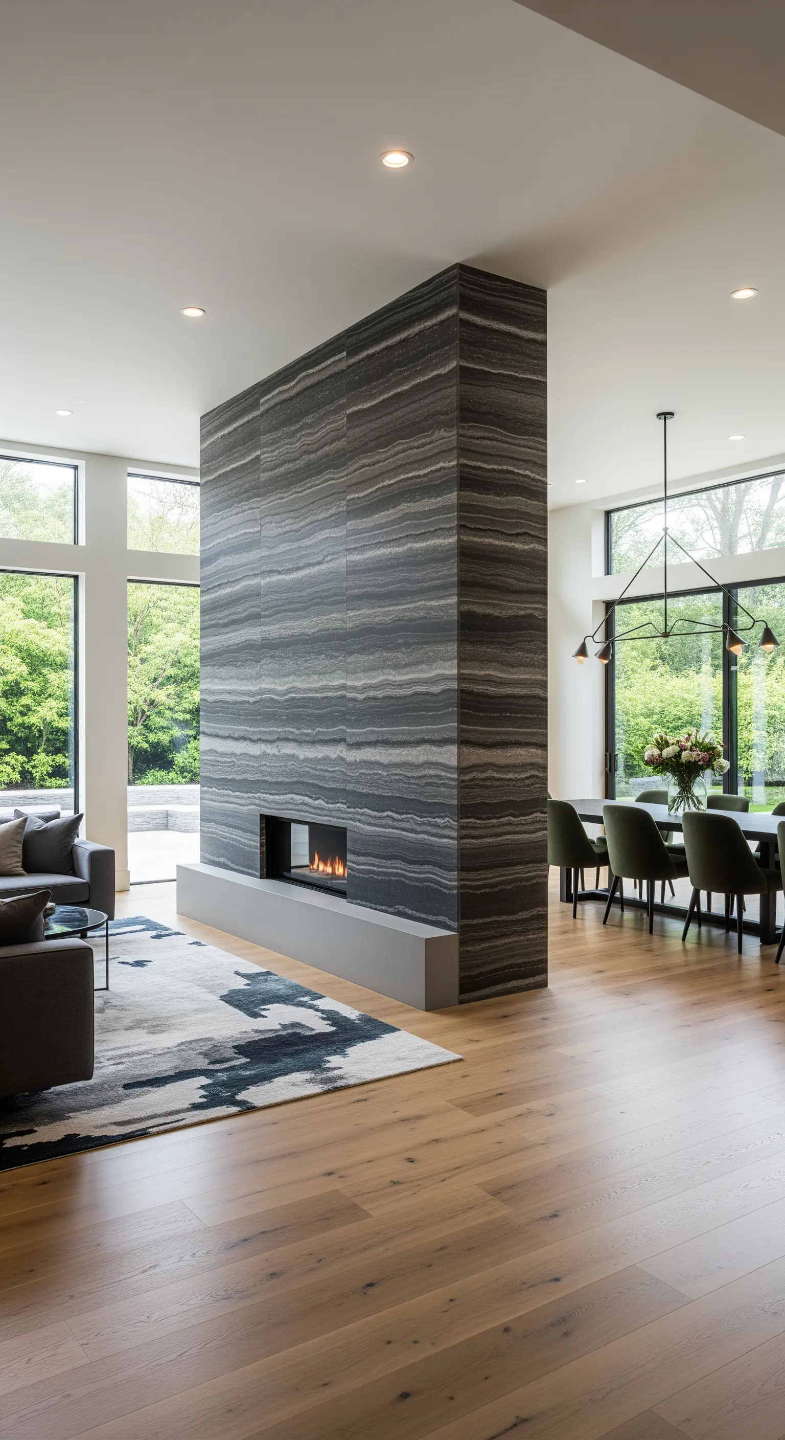 Freistehender Kamin mit horizontal geschichtetem Stein als Raumteiler im offenen Wohnbereich.