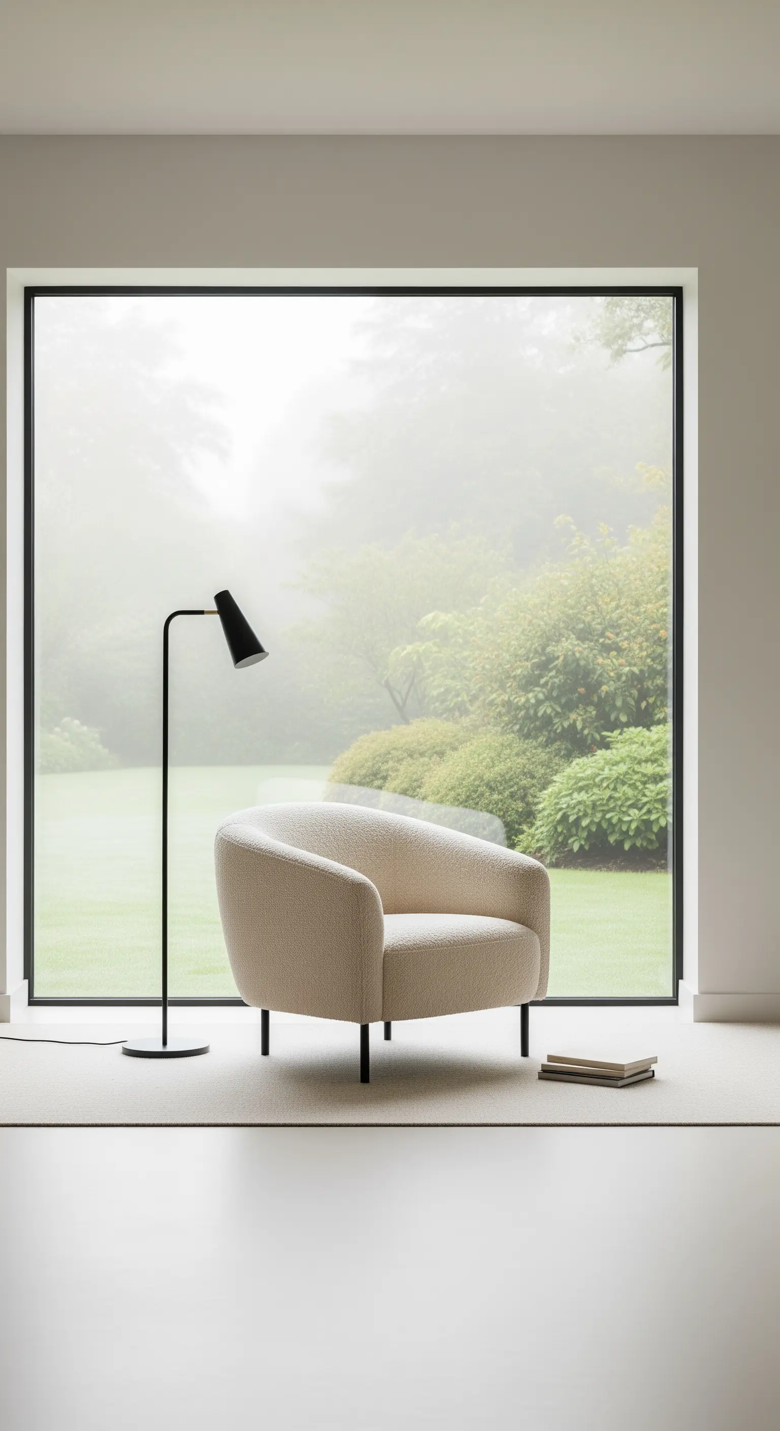 Ein Sessel und eine Leselampe vor einem großen Fenster als eingerahmter Rückzugsort.