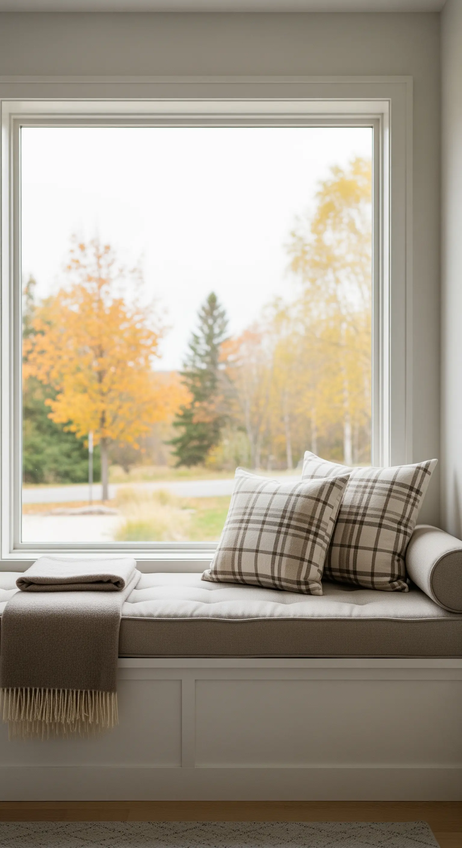 Gemütlicher Fensterplatz mit karierten Kissen und Blick auf Herbstbäume.