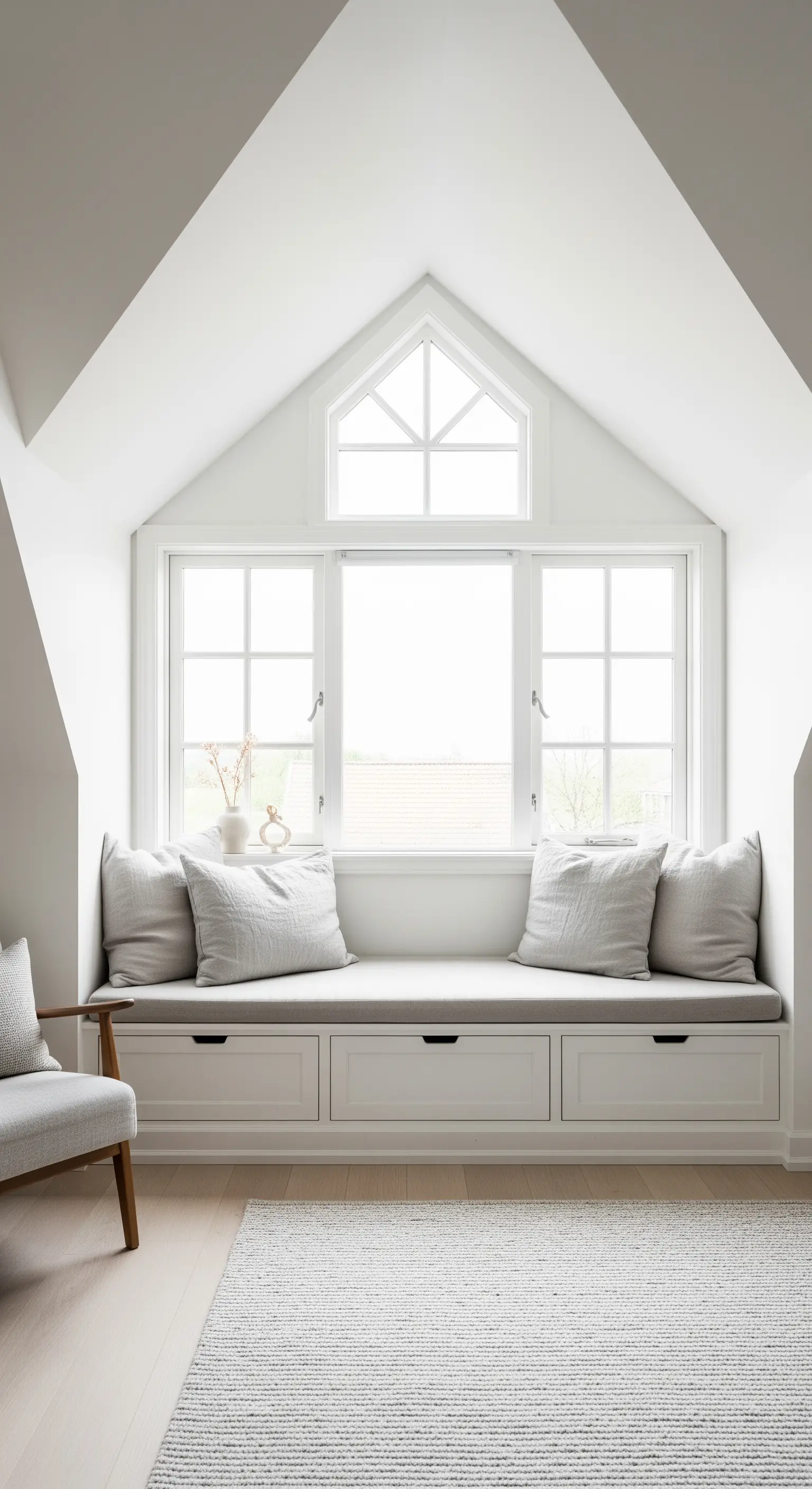 Helle, weiße Fensterbank mit grauen Leinenkissen und integriertem Stauraum in einer Dachgaube.