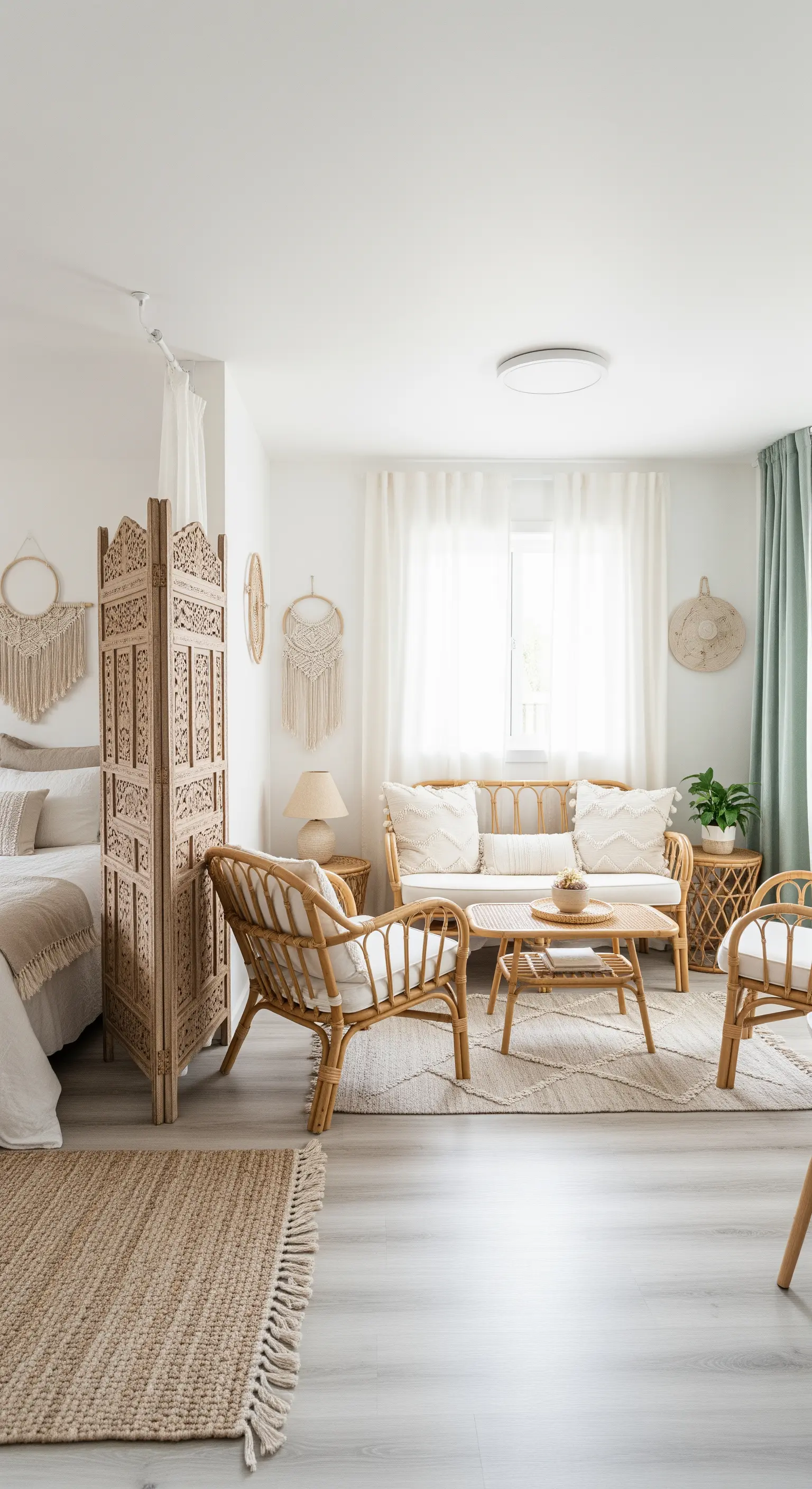 Helles Boho-Studio mit einem geschnitzten Holz-Paravent als Raumteiler zum Bett.
