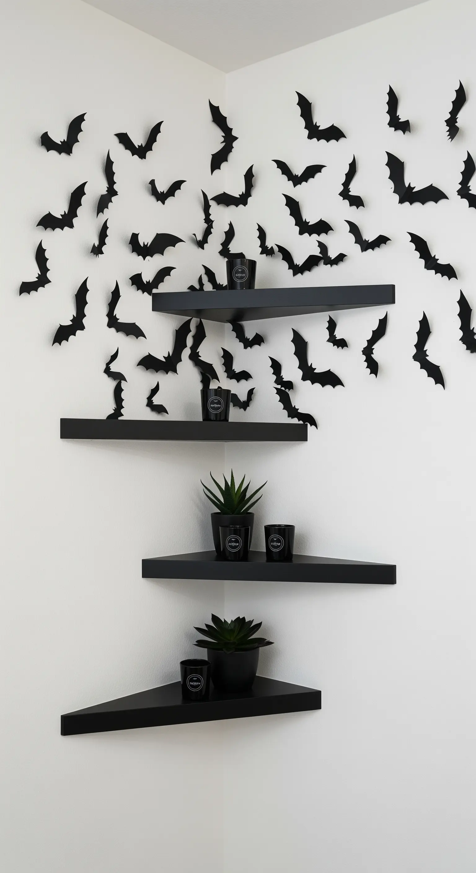 Schwarze Eckregale mit einem Schwarm von Papierfledermäusen an der Wand.