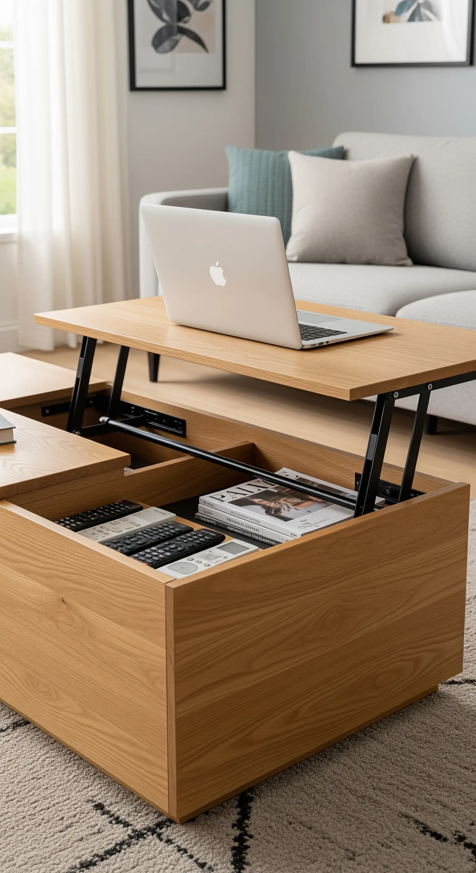 Couchtisch aus hellem Holz mit anhebbarer Platte, die den Blick auf ein Staufach freigibt.