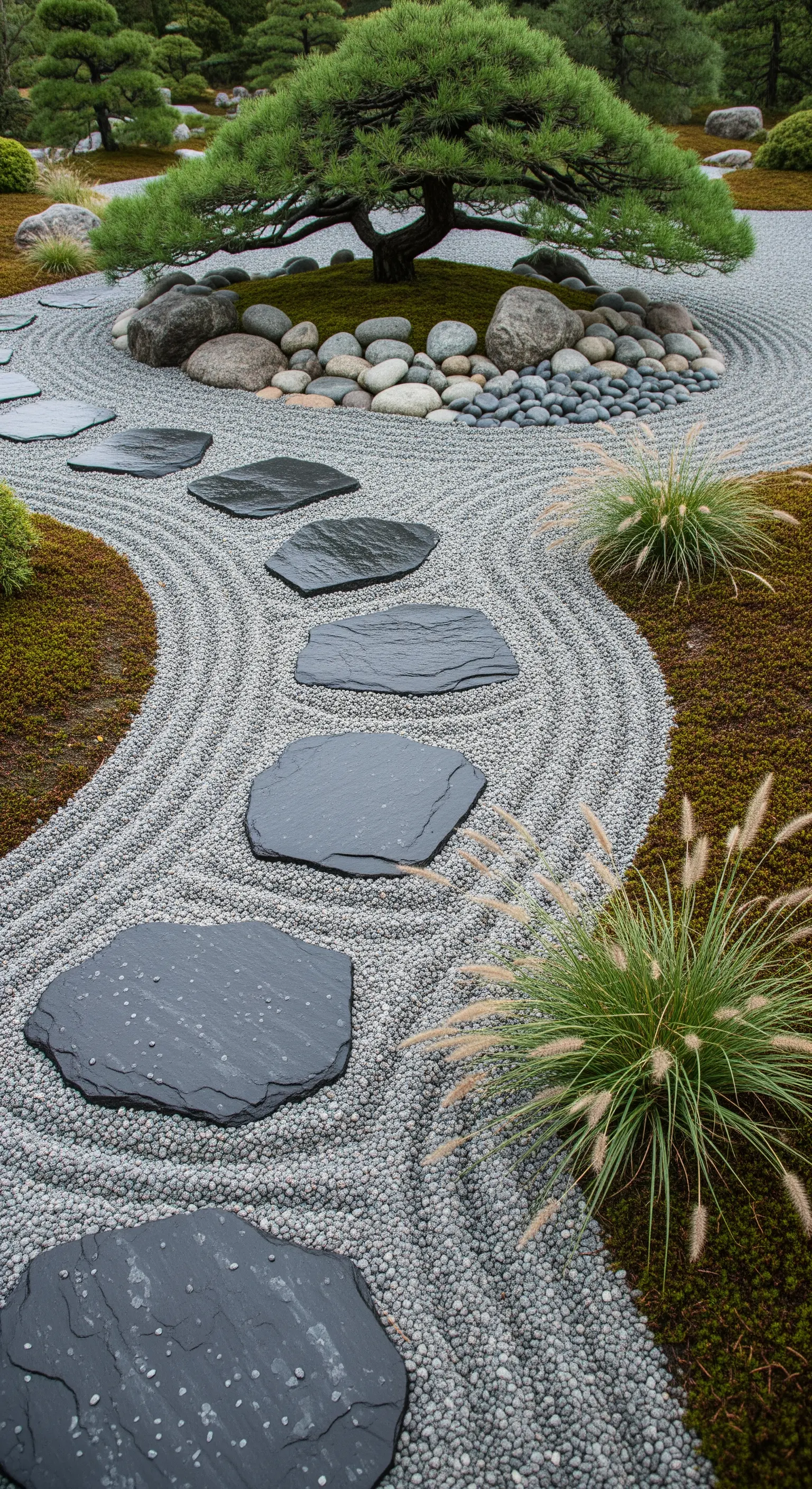 Zen-Gartenweg mit dunklen Schieferplatten auf geharktem Kies, der um eine Kiefer führt