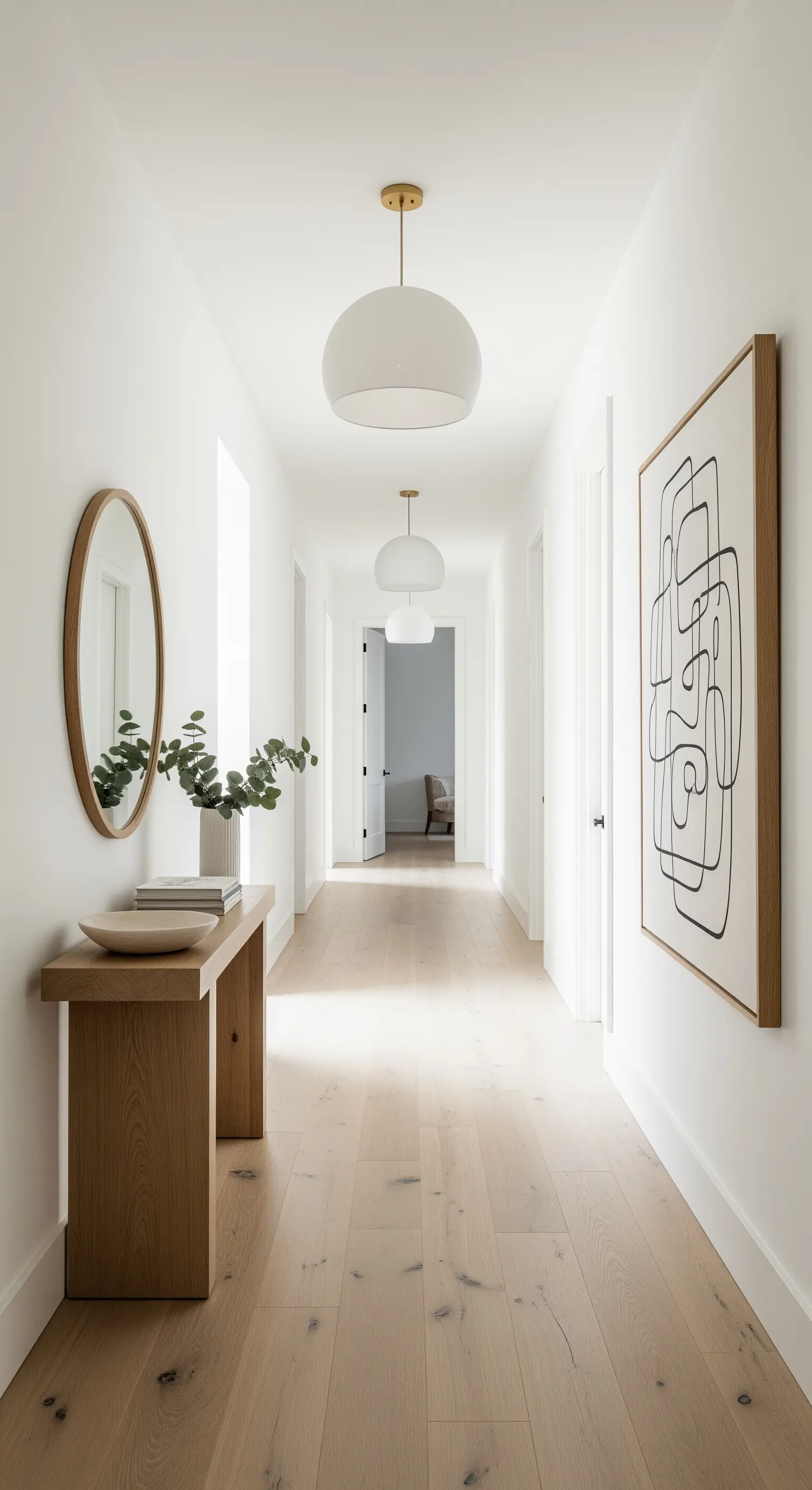 Ein heller, langer Flur mit minimalistischer Deko, die Ruhe und Weite ausstrahlt.