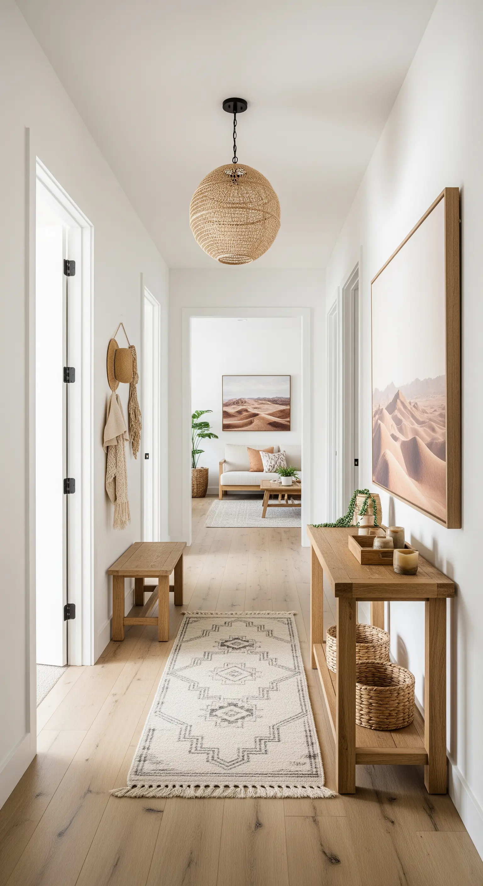 Langer, heller Flur mit einem Läufer, einer Holzkonsole und einem großen Wüstenbild.