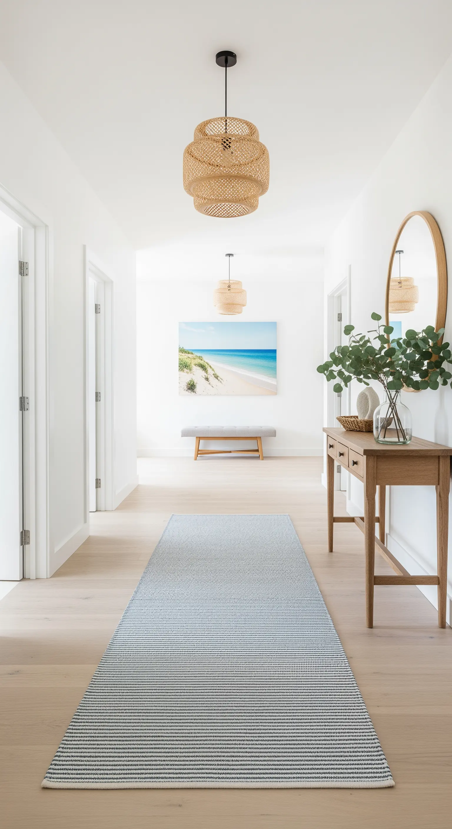 Heller, langer Flur mit einem gestreiften Läufer und Deko im Küstenstil.