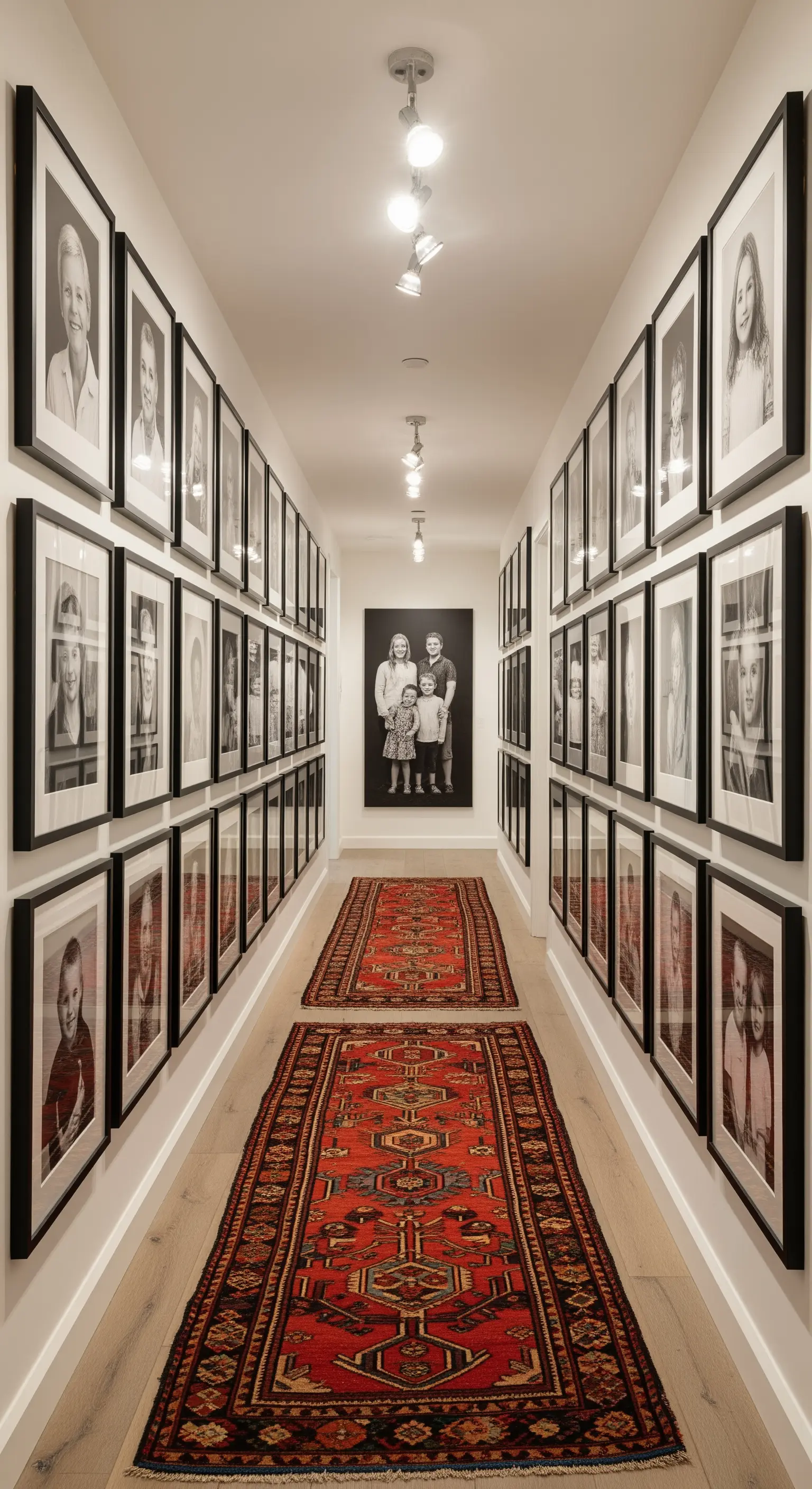 Langer, schmaler Flur, dessen Wände von oben bis unten mit gerahmten Familienporträts in Schwarz-Weiß bedeckt sind.