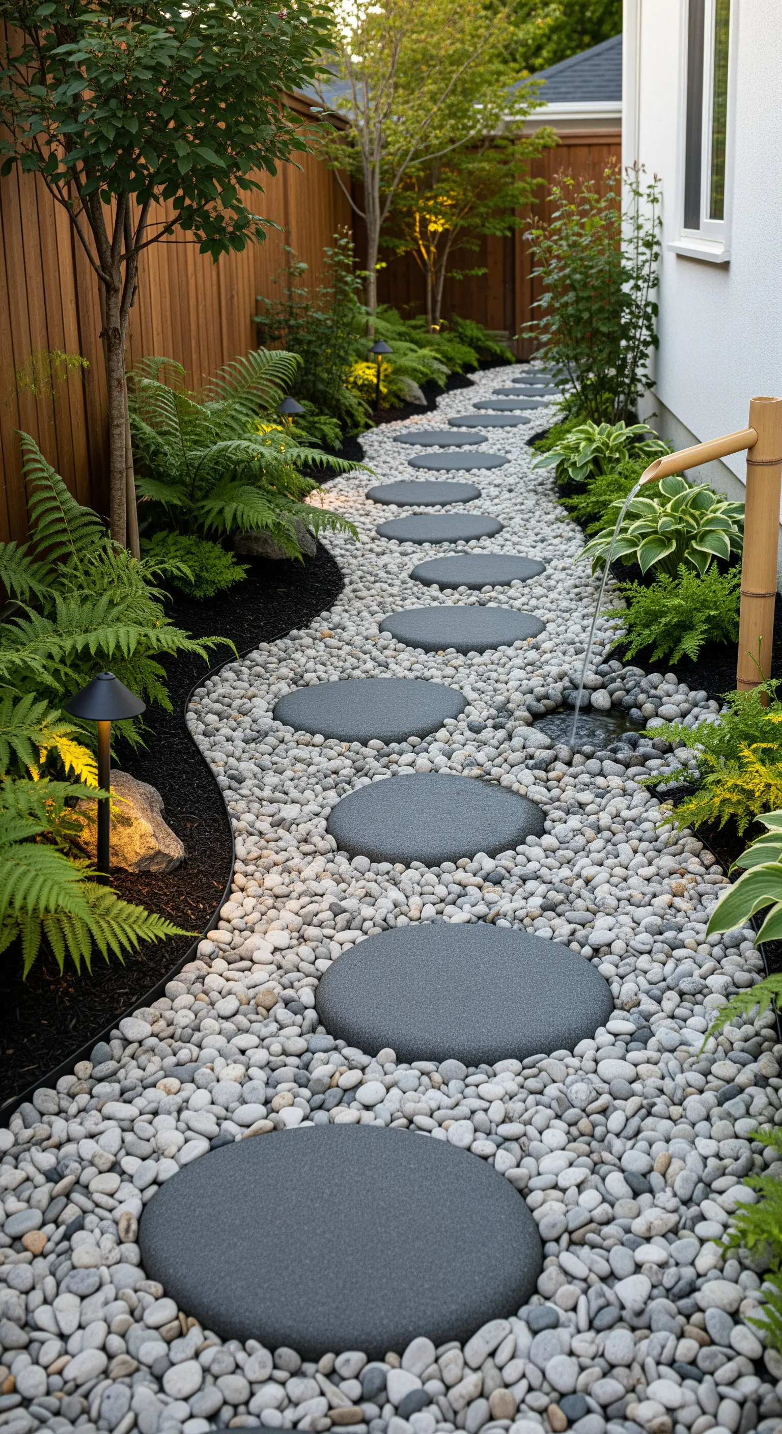 Geschwungener Gartenweg aus runden Trittsteinen in einem Bett aus hellen Kieselsteinen.